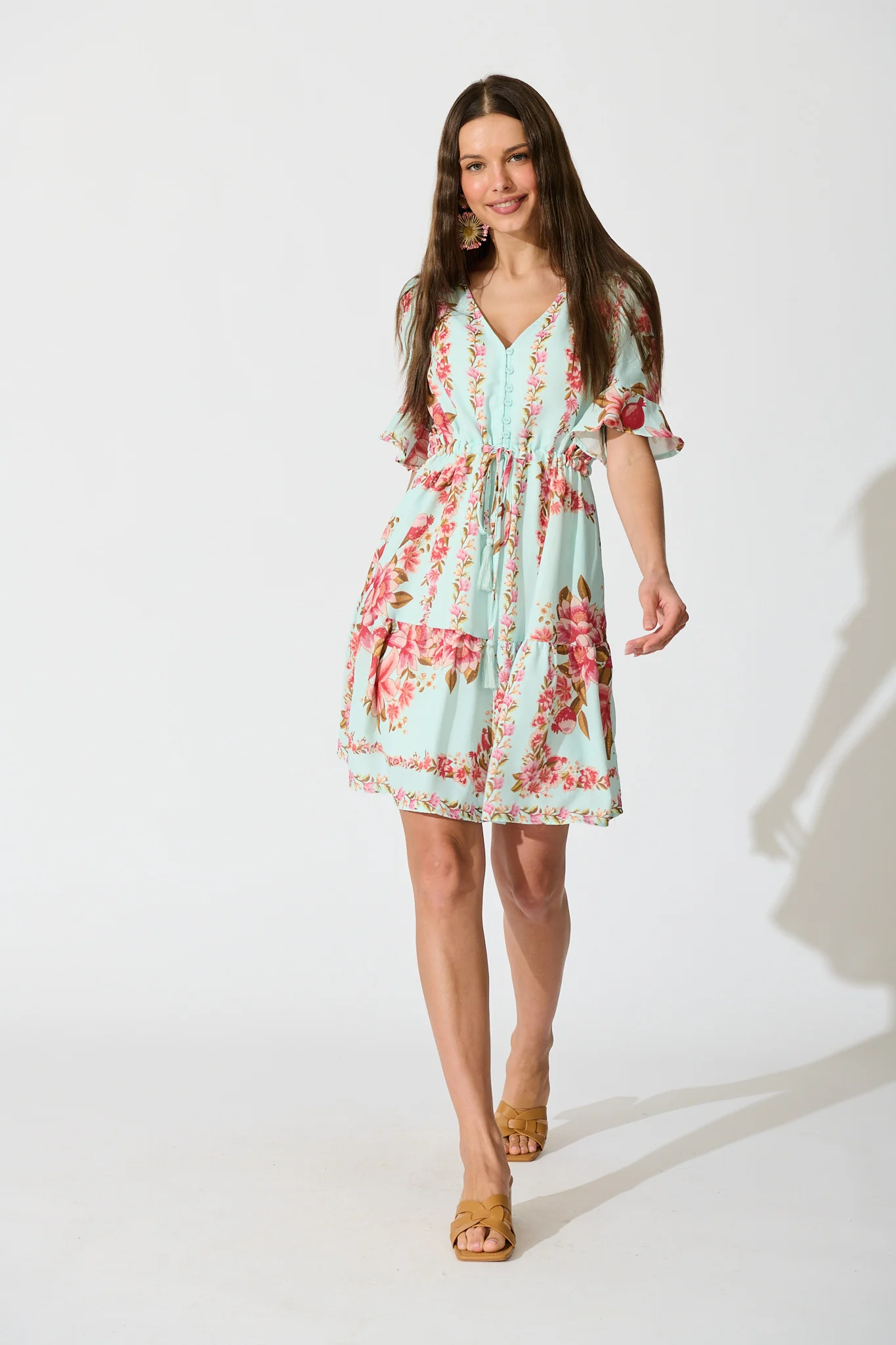 Makena Dress in Blue with Pink Floral Cotton Blend