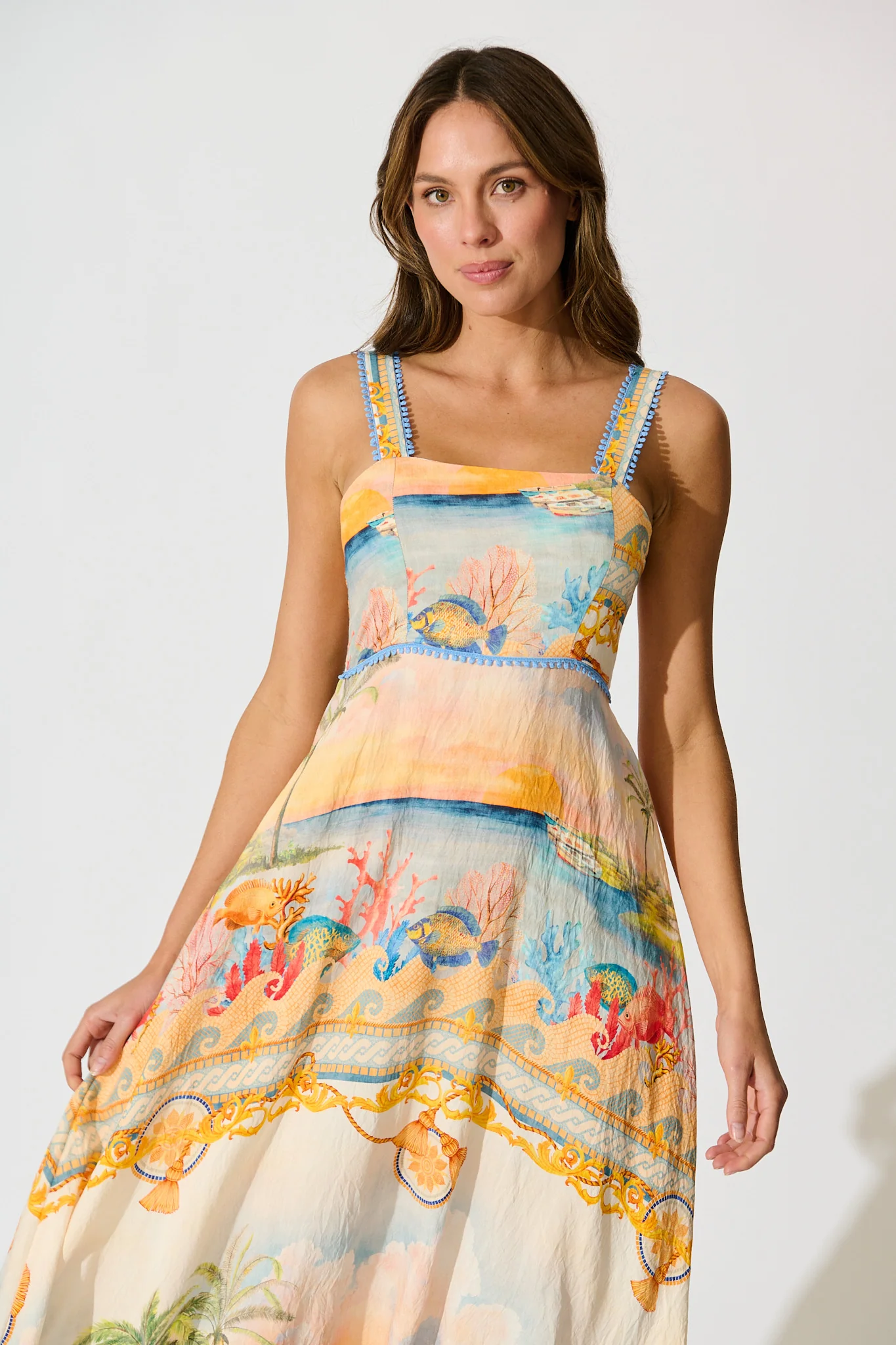 Malva Maxi Sundress in Beige Multi Summer Print - Image 2