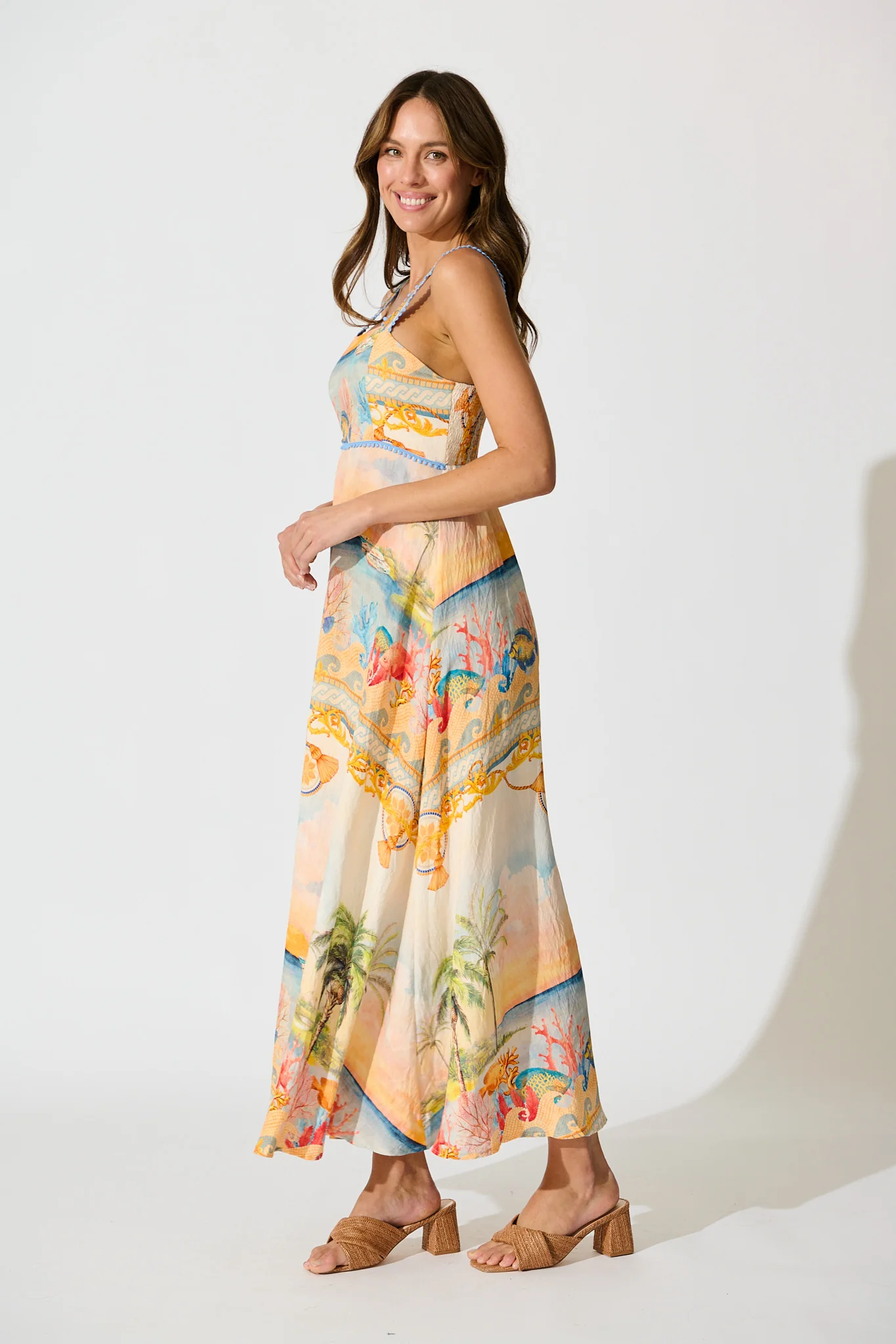 Malva Maxi Sundress in Beige Multi Summer Print - Image 3