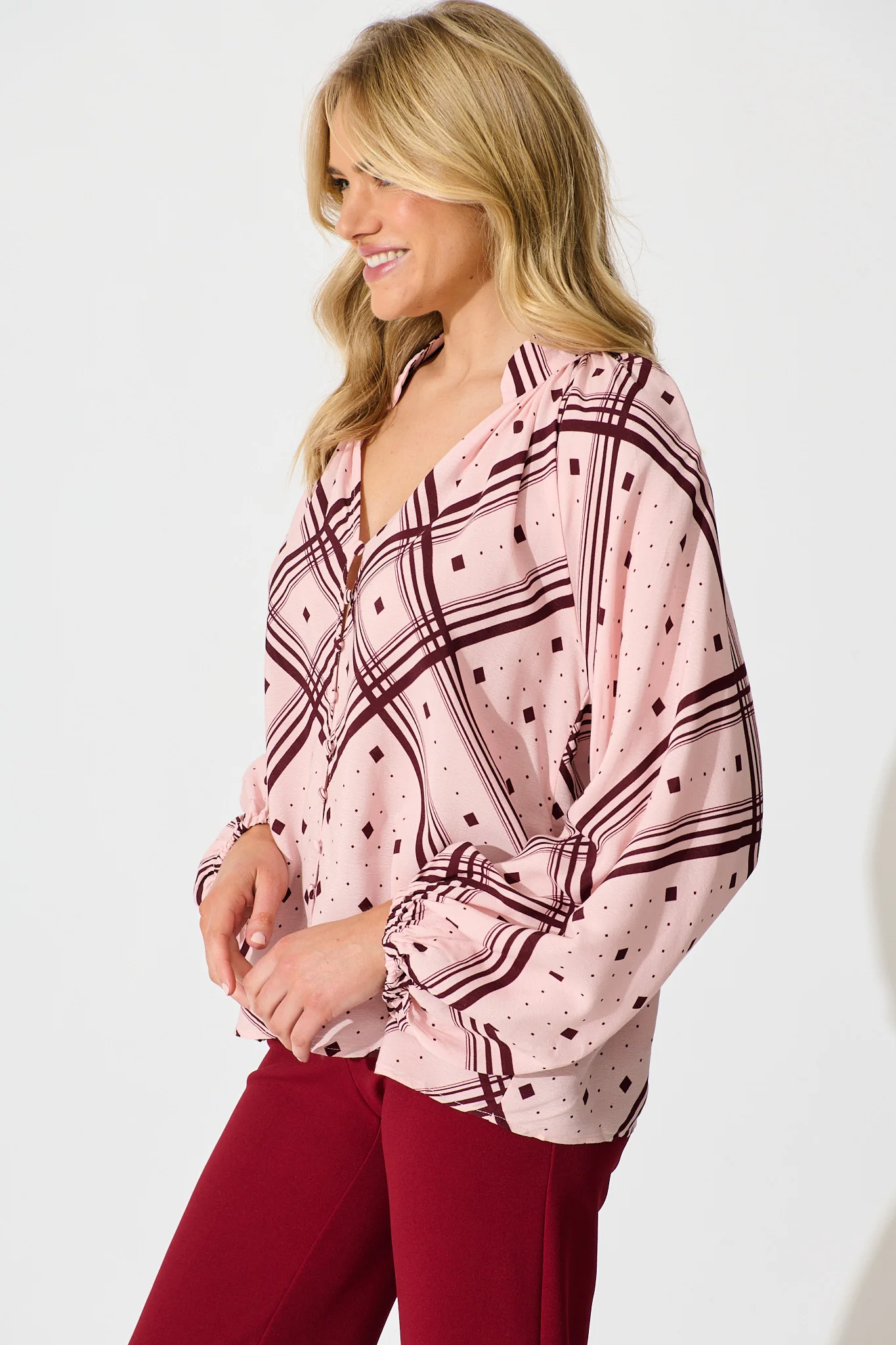 Marcella Top in Pink with Wine Print - Image 2