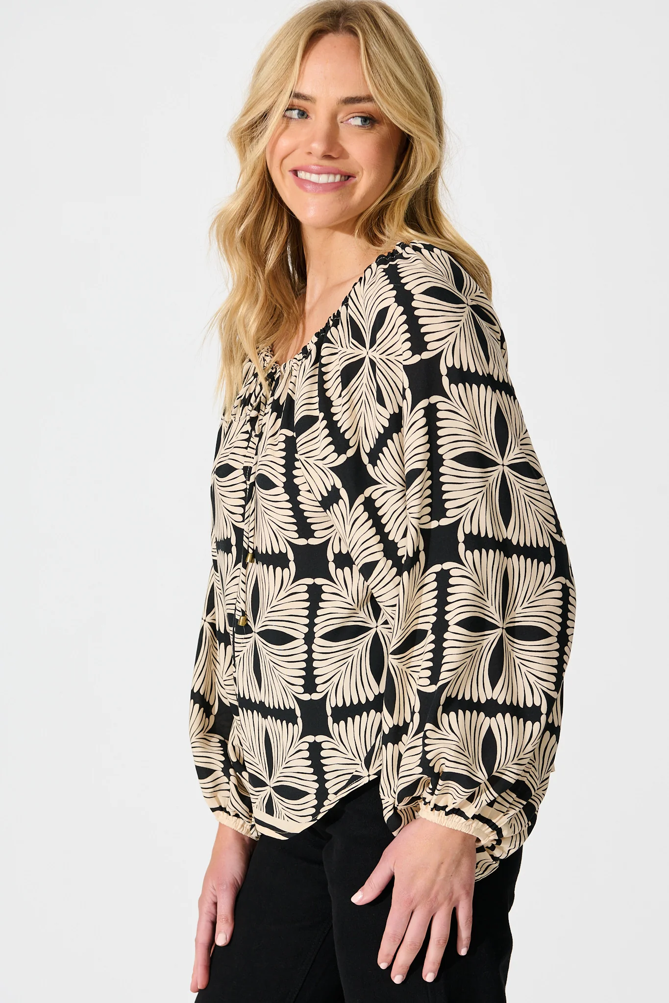 Marcy Top in Cream with Black Tile Print - Image 2
