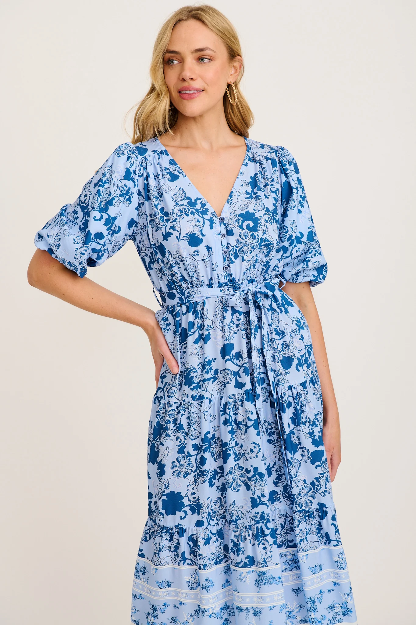 Marena Midi Dress in Blue with Navy Floral - Image 2
