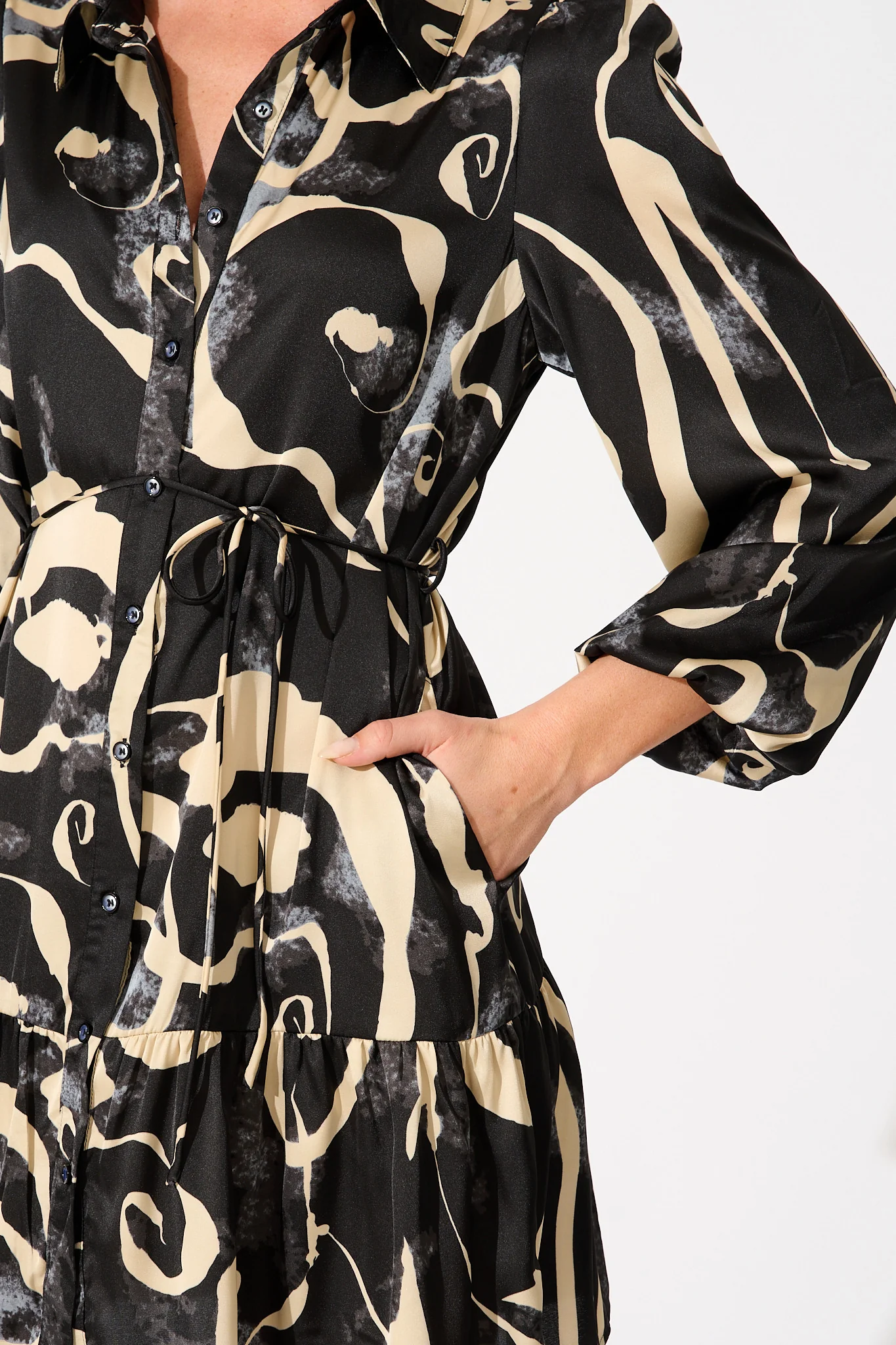 Marge Shirt Dress in Black and Cream Satin - Image 5