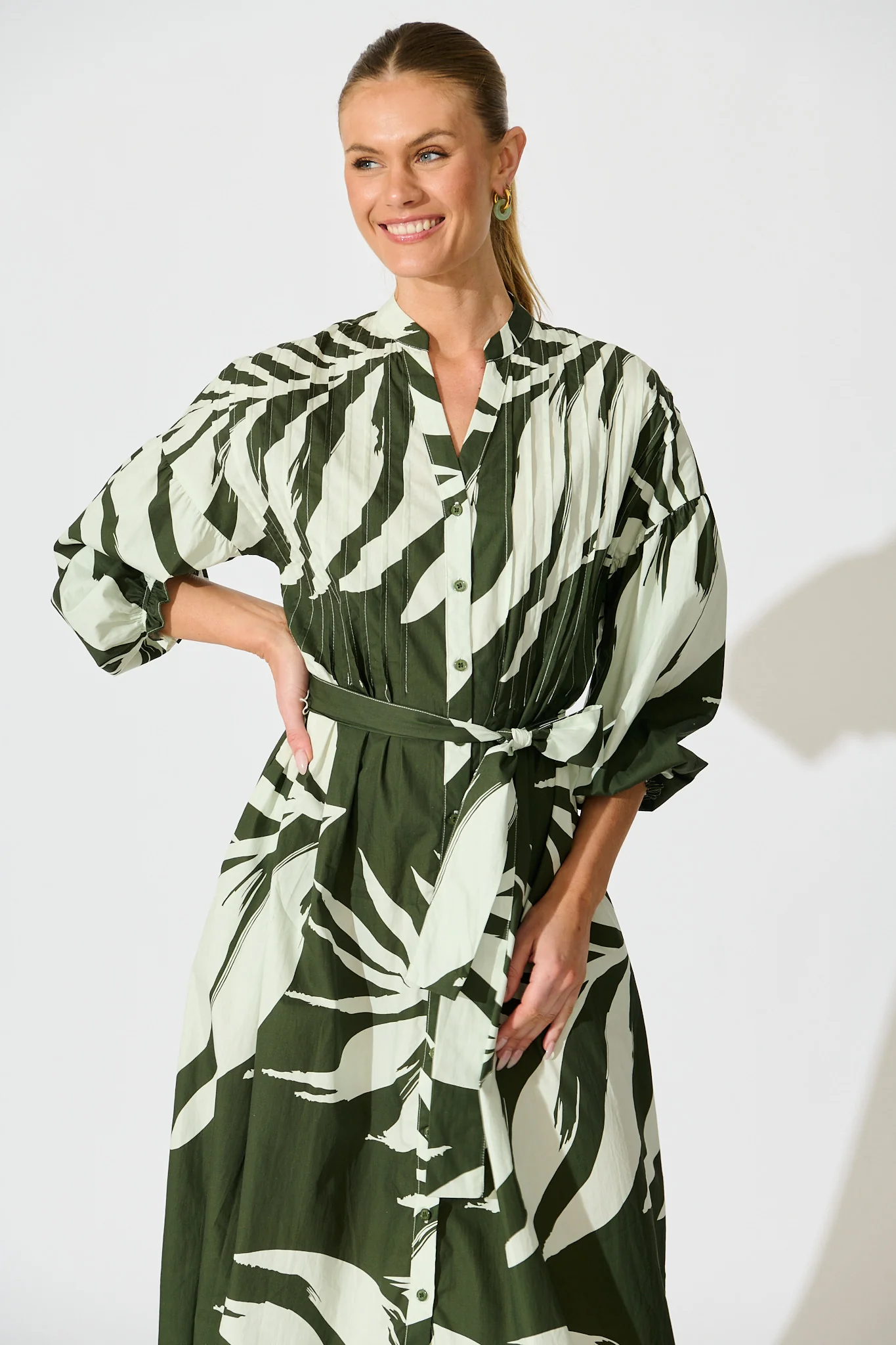 Margot Midi Dress in Green with White Leaf Cotton - Image 2