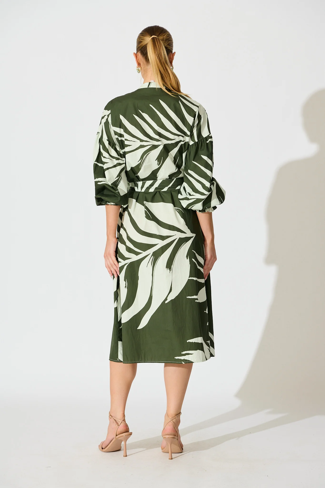 Margot Midi Dress in Green with White Leaf Cotton - Image 4