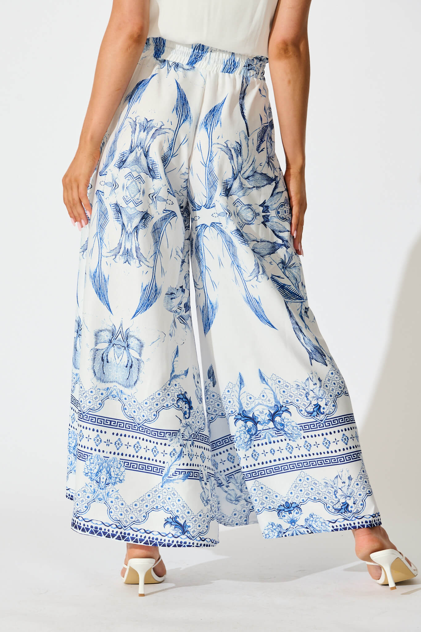 Mariah Pants in White with Blue Floral Border - Image 3