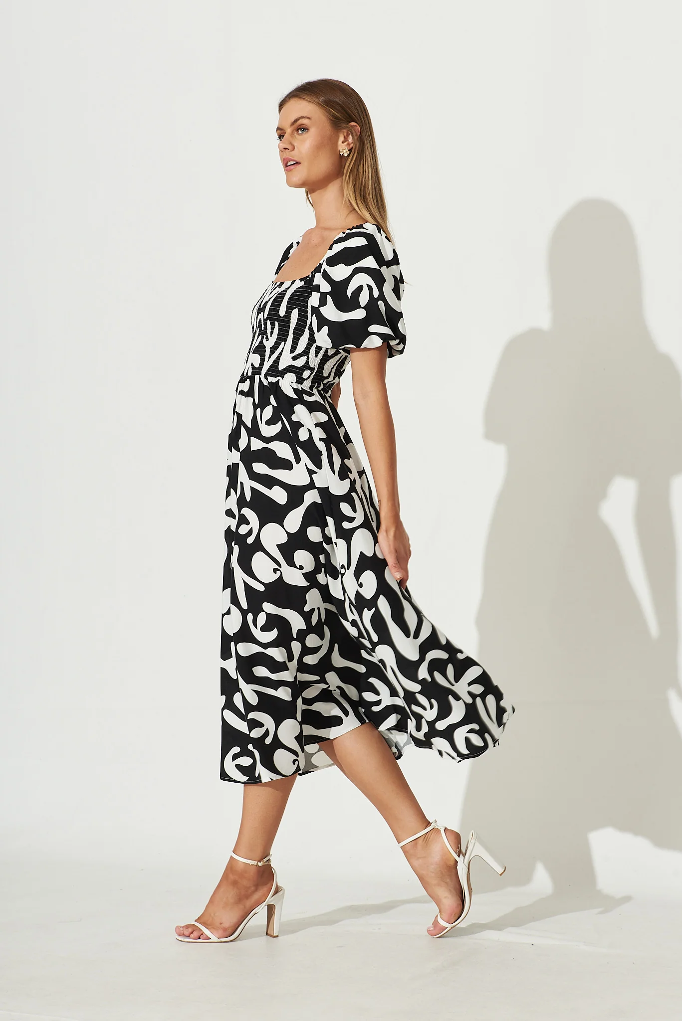 Mariam Midi Dress In Black With White Print - Image 3