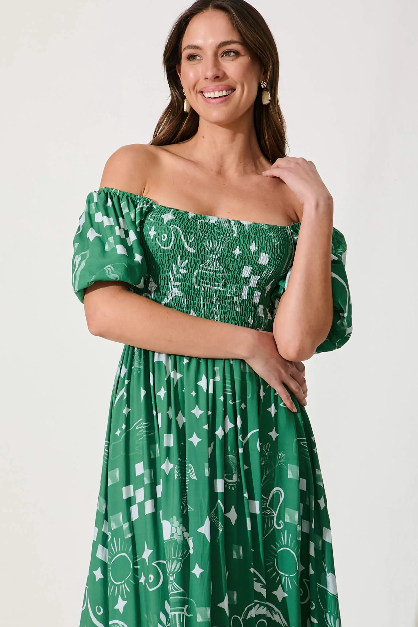 Mariam Midi Dress In Green With White Print - Image 2