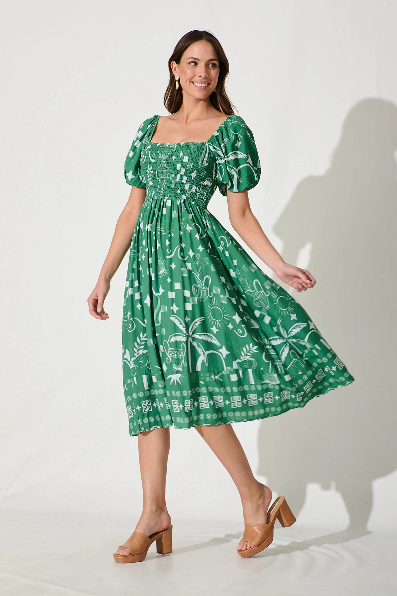 Mariam Midi Dress In Green With White Print - Image 3