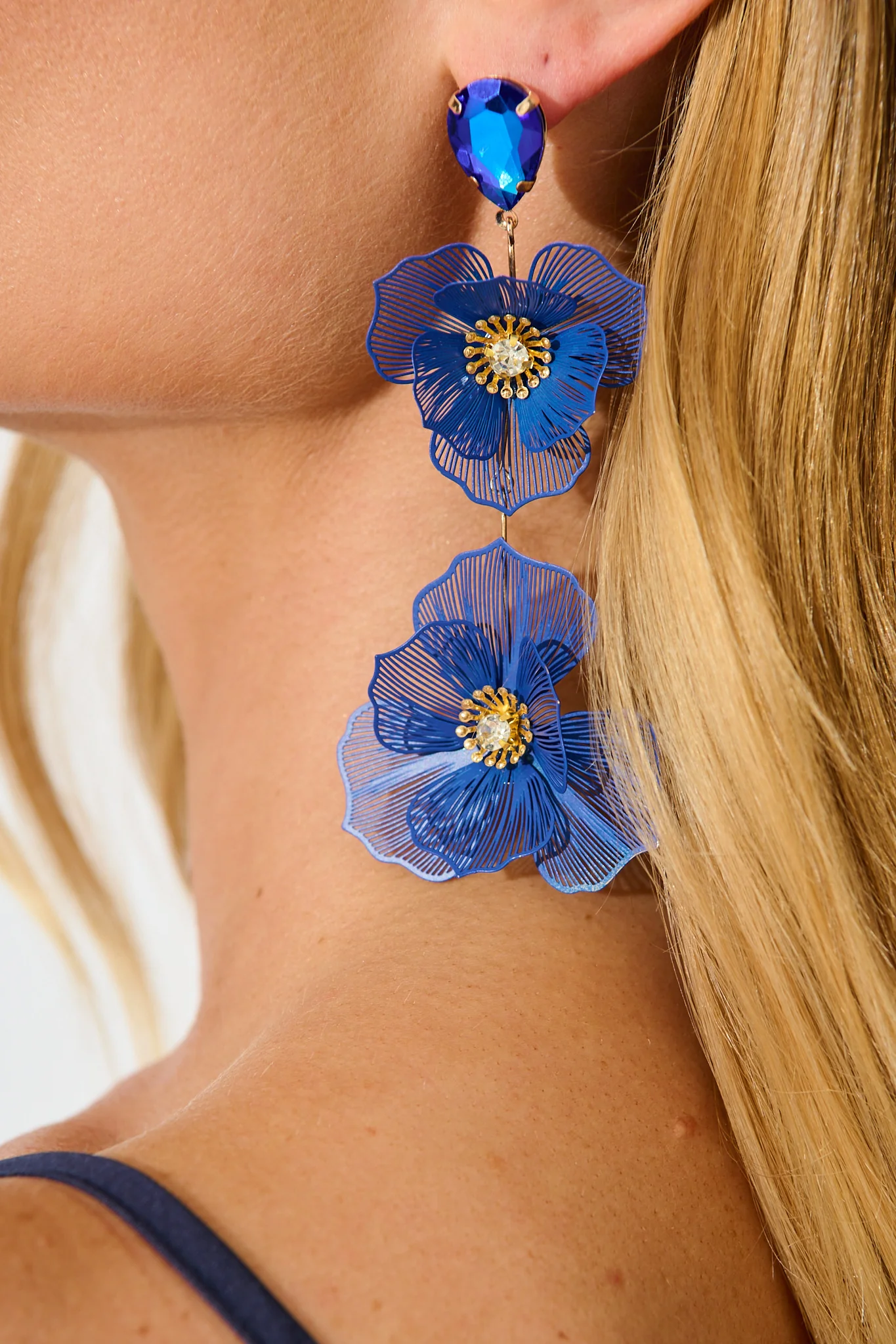 Mariana Double Flower Drop Earrings In Navy with Stone - Image 2