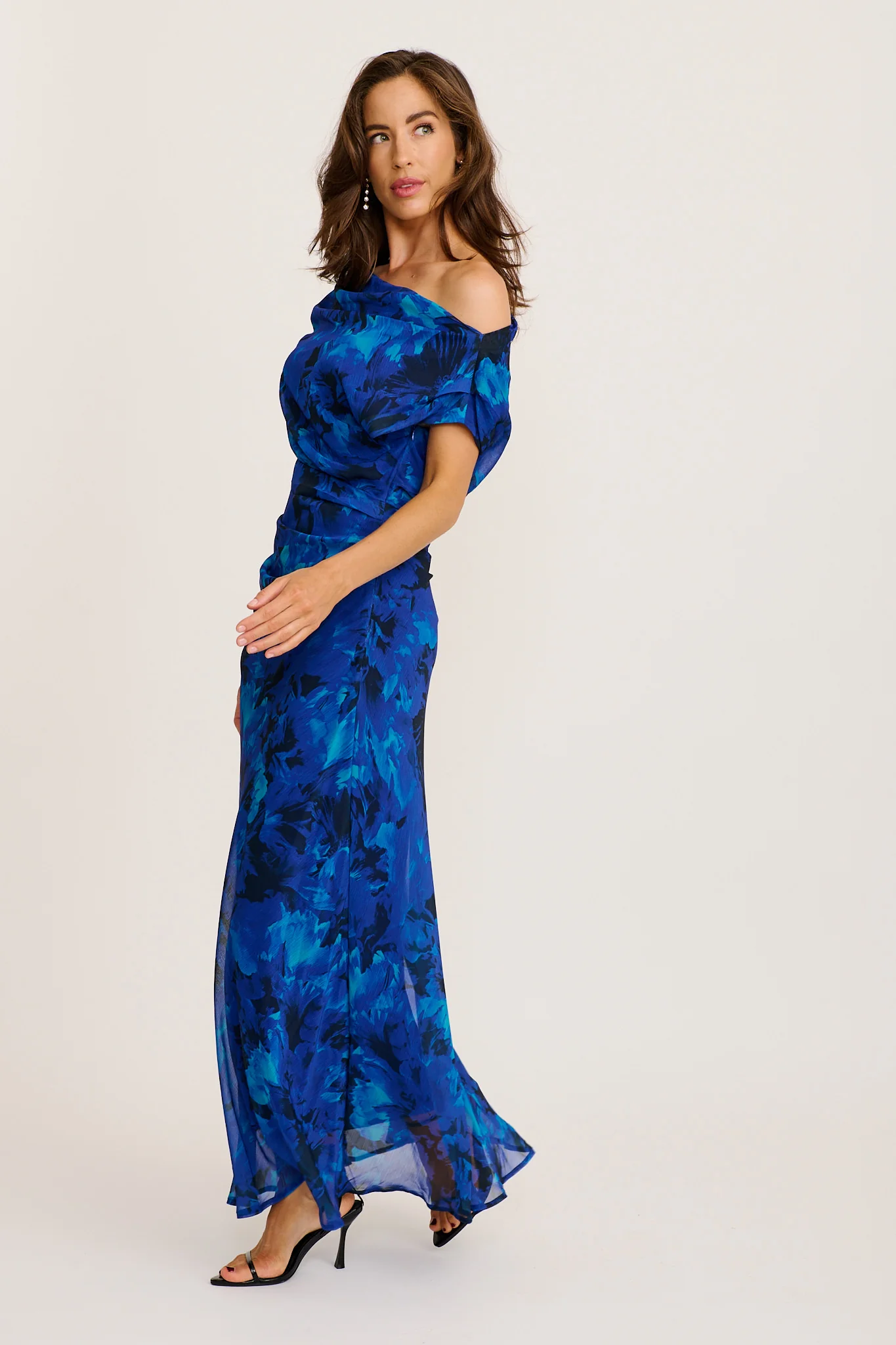 Marielle Off Shoulder Maxi Dress in Blue Watercolour Chiffon - Image 4