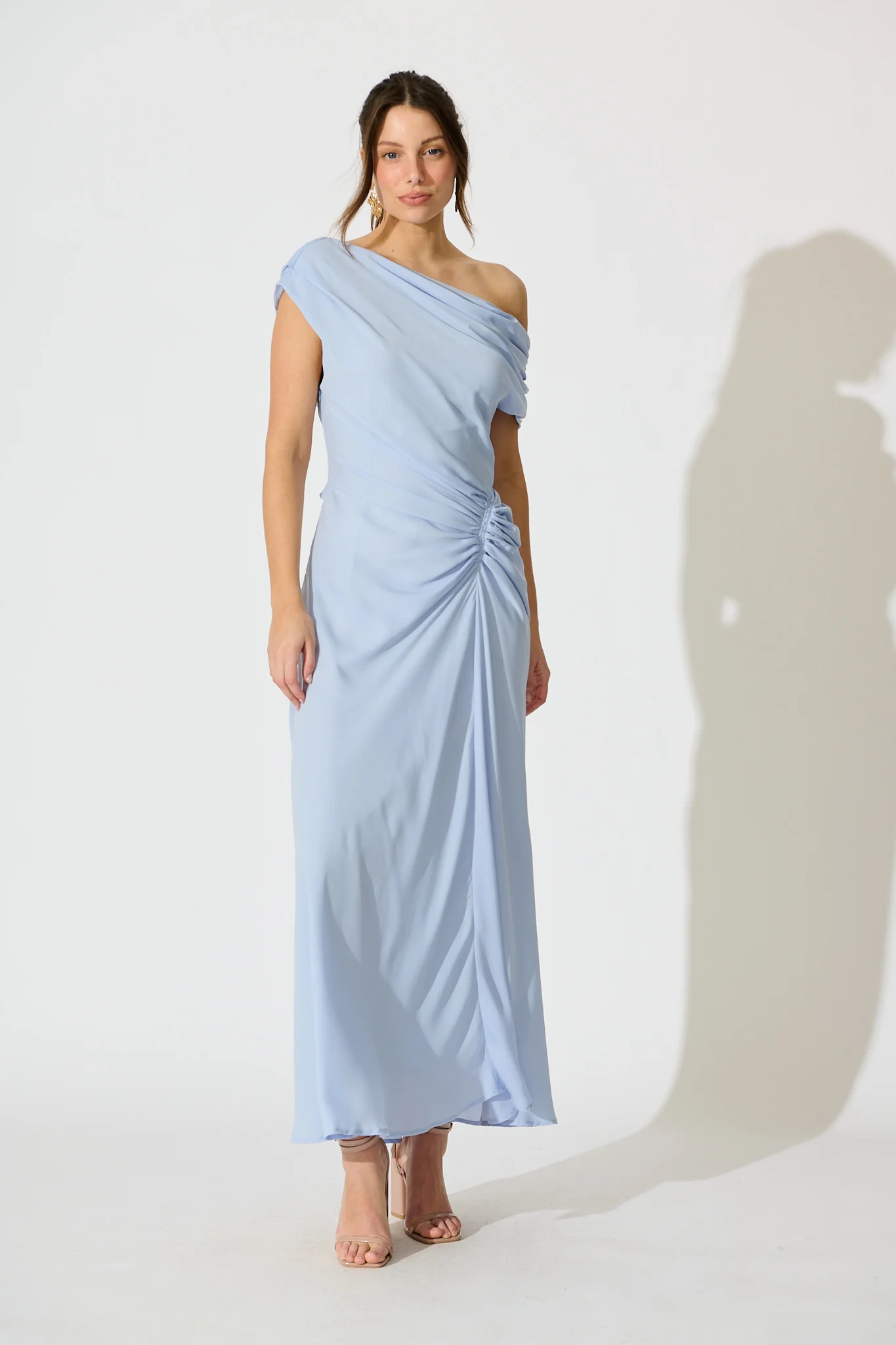Marielle Off Shoulder Maxi Dress in Dusty Blue Chiffon - Image 2