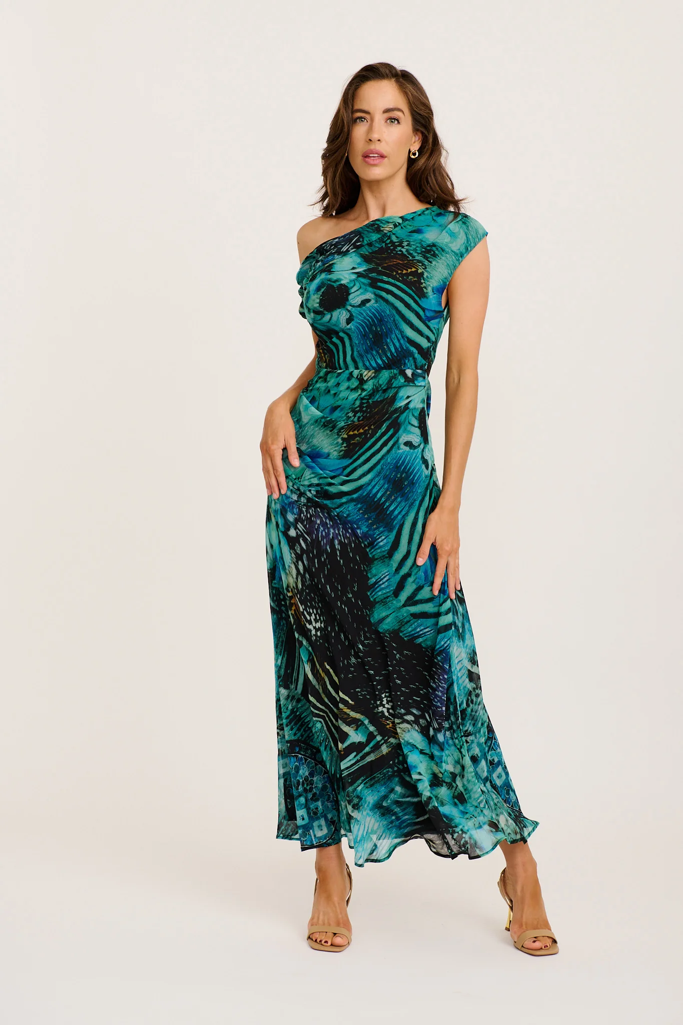 Marielle Off Shoulder Maxi Dress in Green Multi Chiffon - Image 2