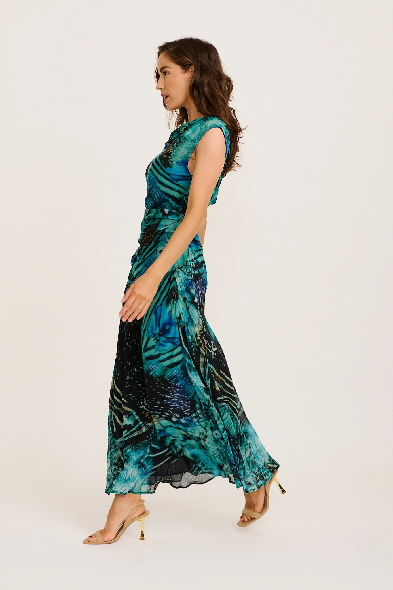 Marielle Off Shoulder Maxi Dress in Green Multi Chiffon - Image 4