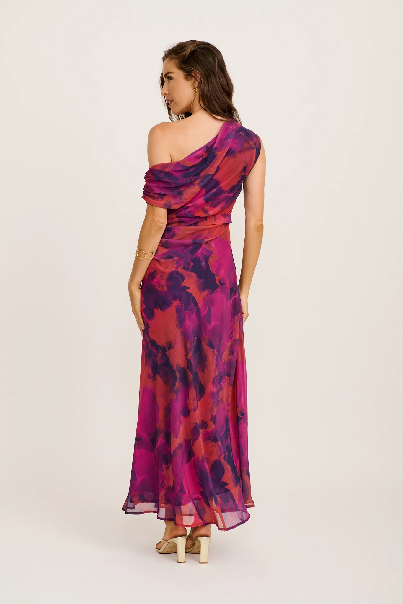 Marielle Off Shoulder Maxi Dress in Purple Watercolour Chiffon - Image 7