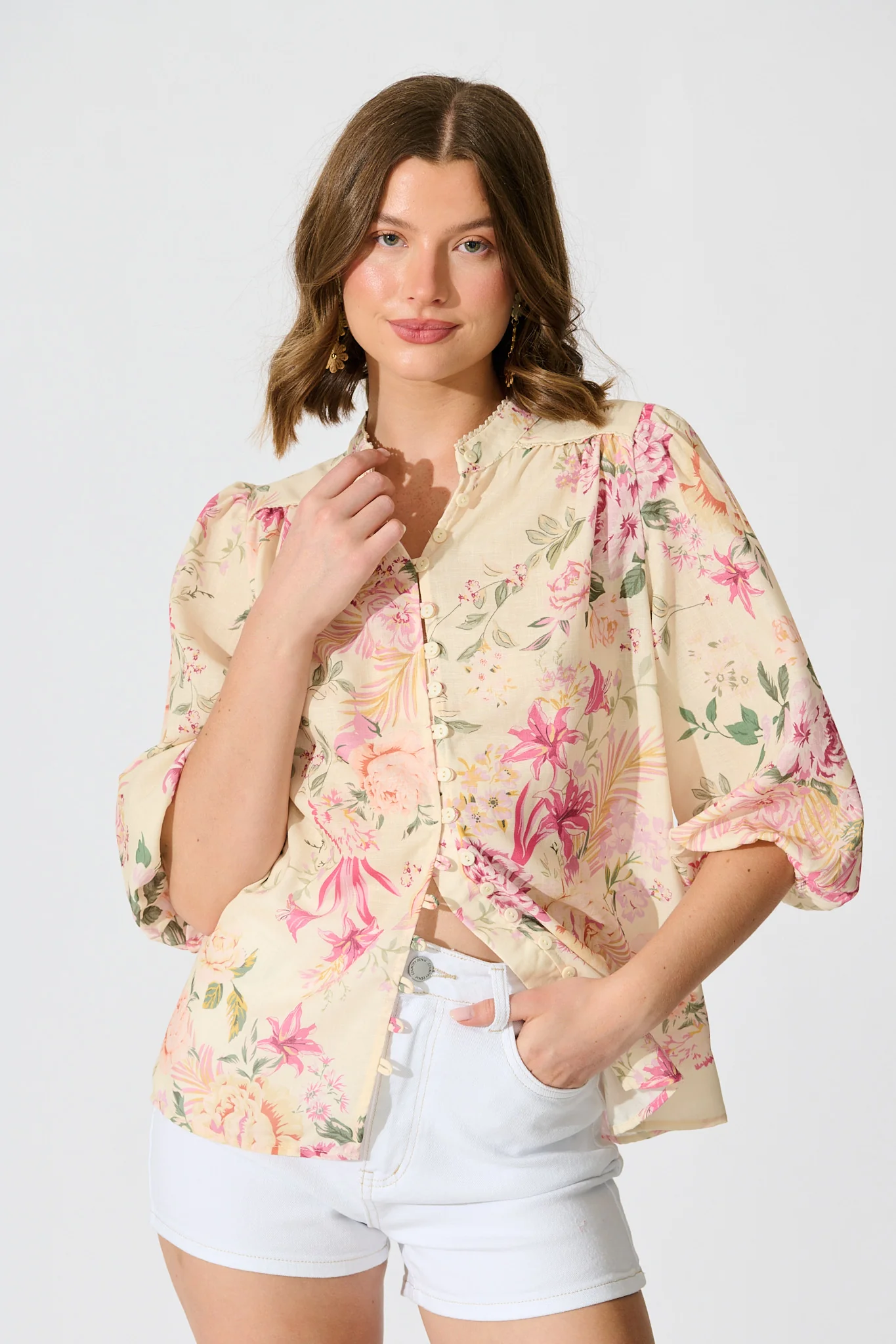 Marigold Muse Top In Butter Yellow Pink Floral Linen Blend