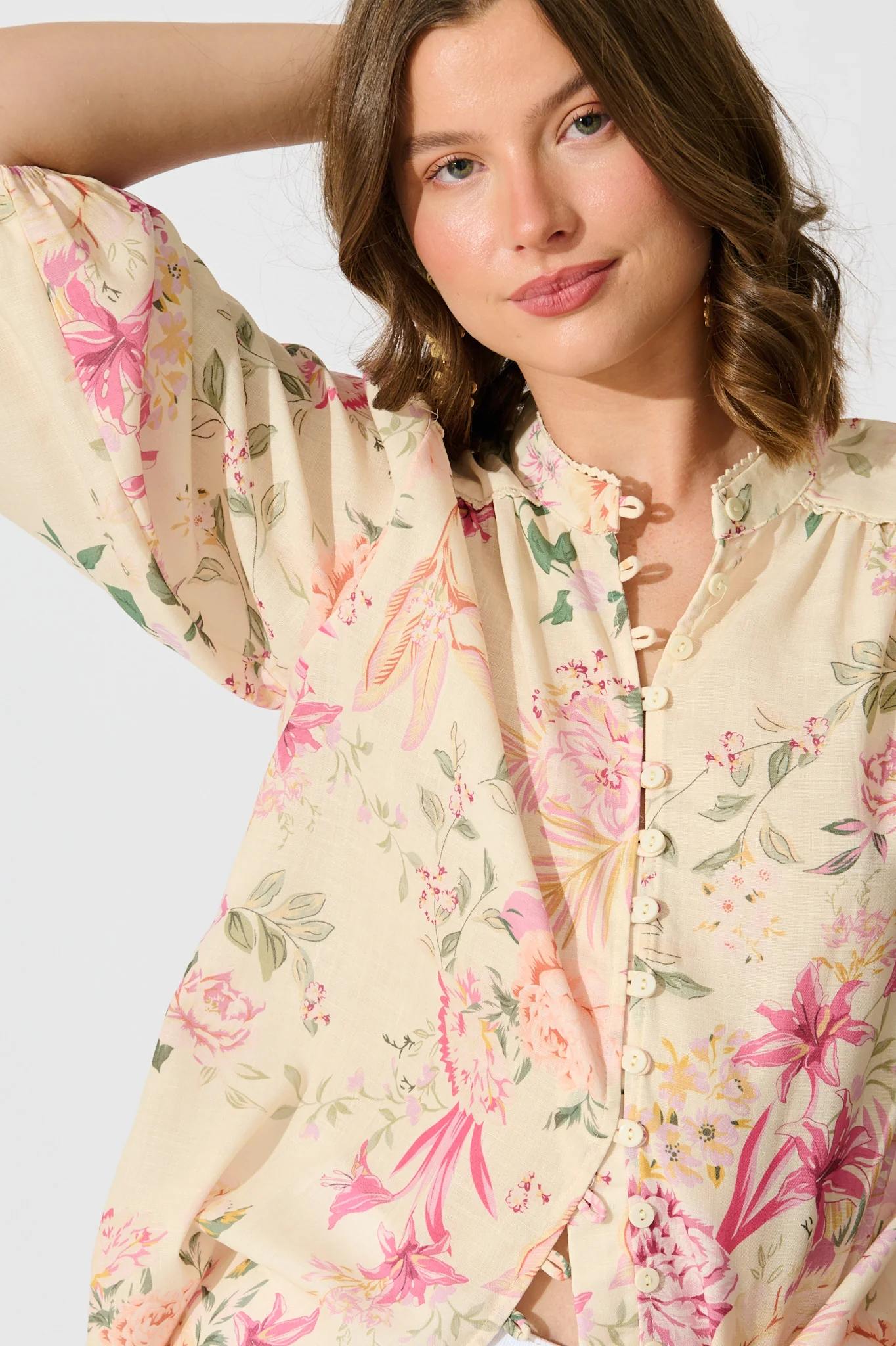 Marigold Muse Top In Butter Yellow Pink Floral Linen Blend - Image 5