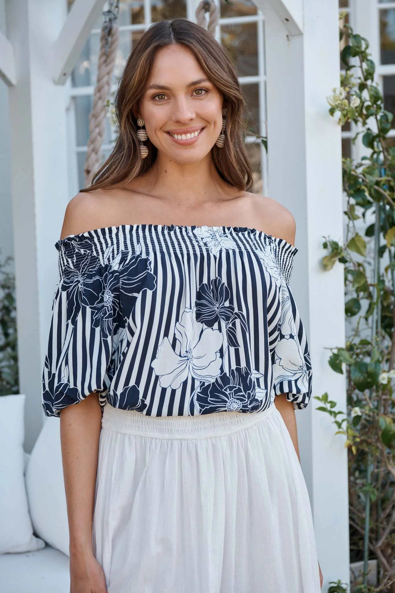 Marina Off Shoulder Top in Navy Stripe Floral
