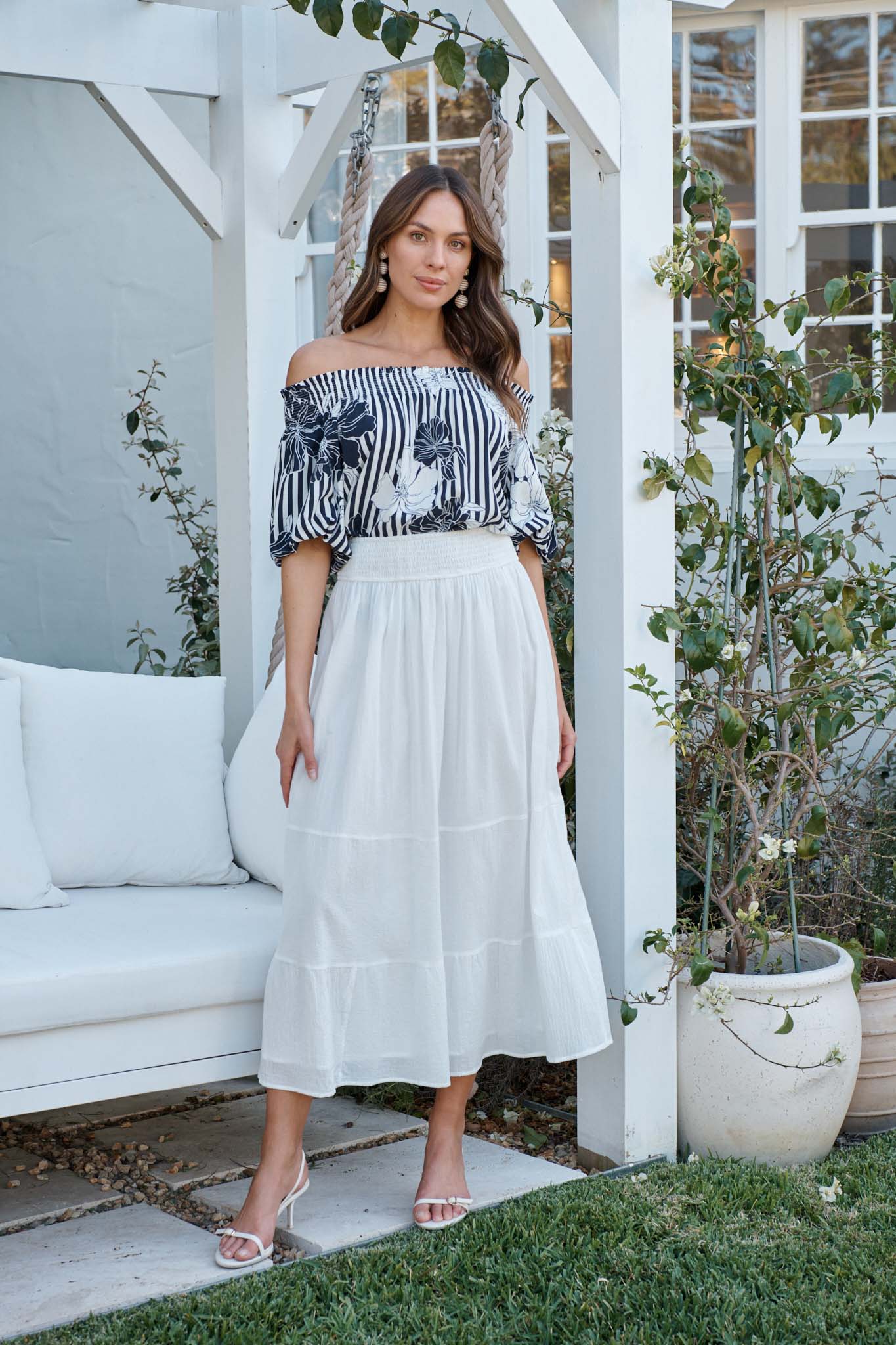 Marina Off Shoulder Top in Navy Stripe Floral - Image 2