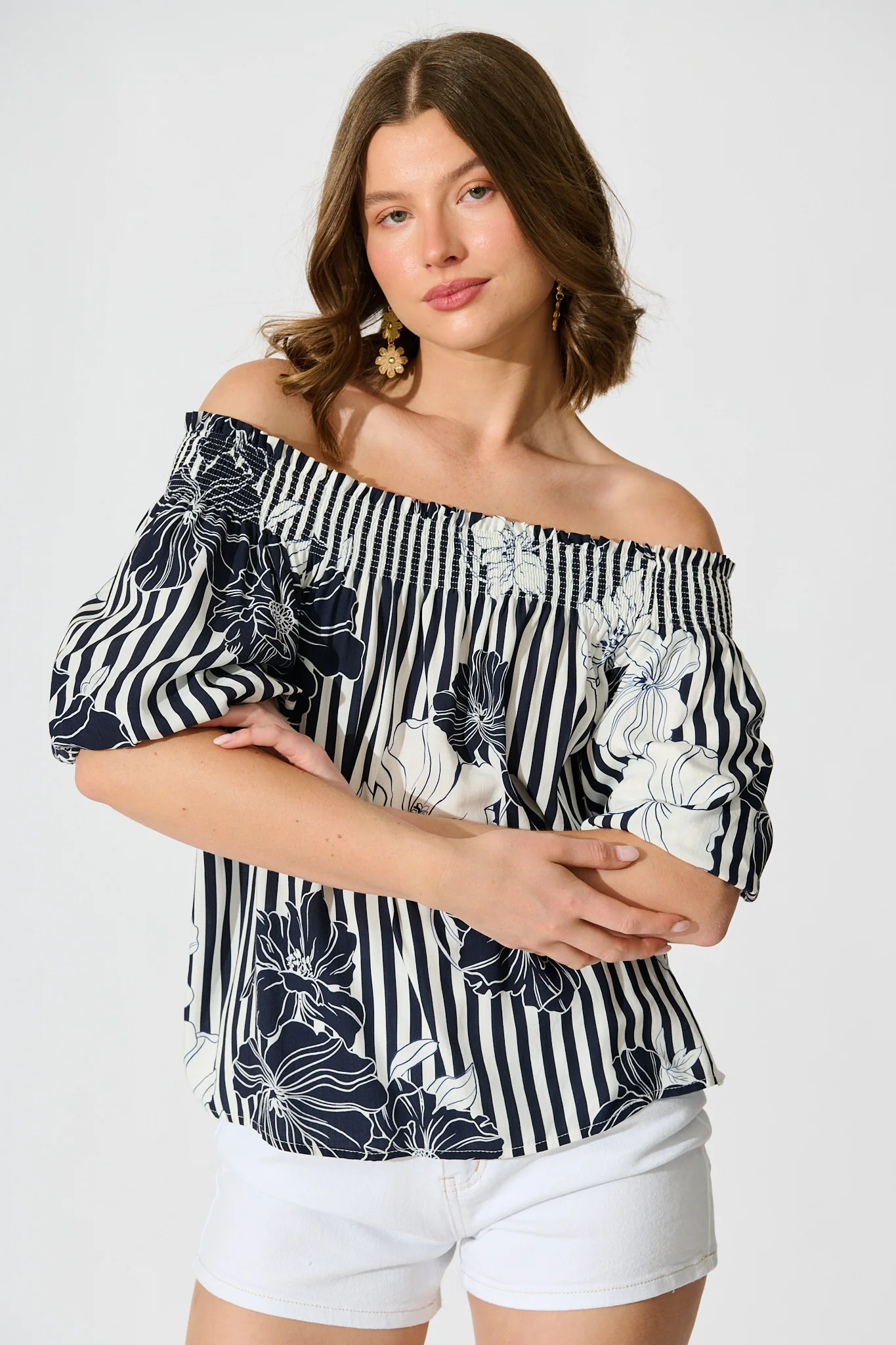 Marina Off Shoulder Top in Navy Stripe Floral - Image 4