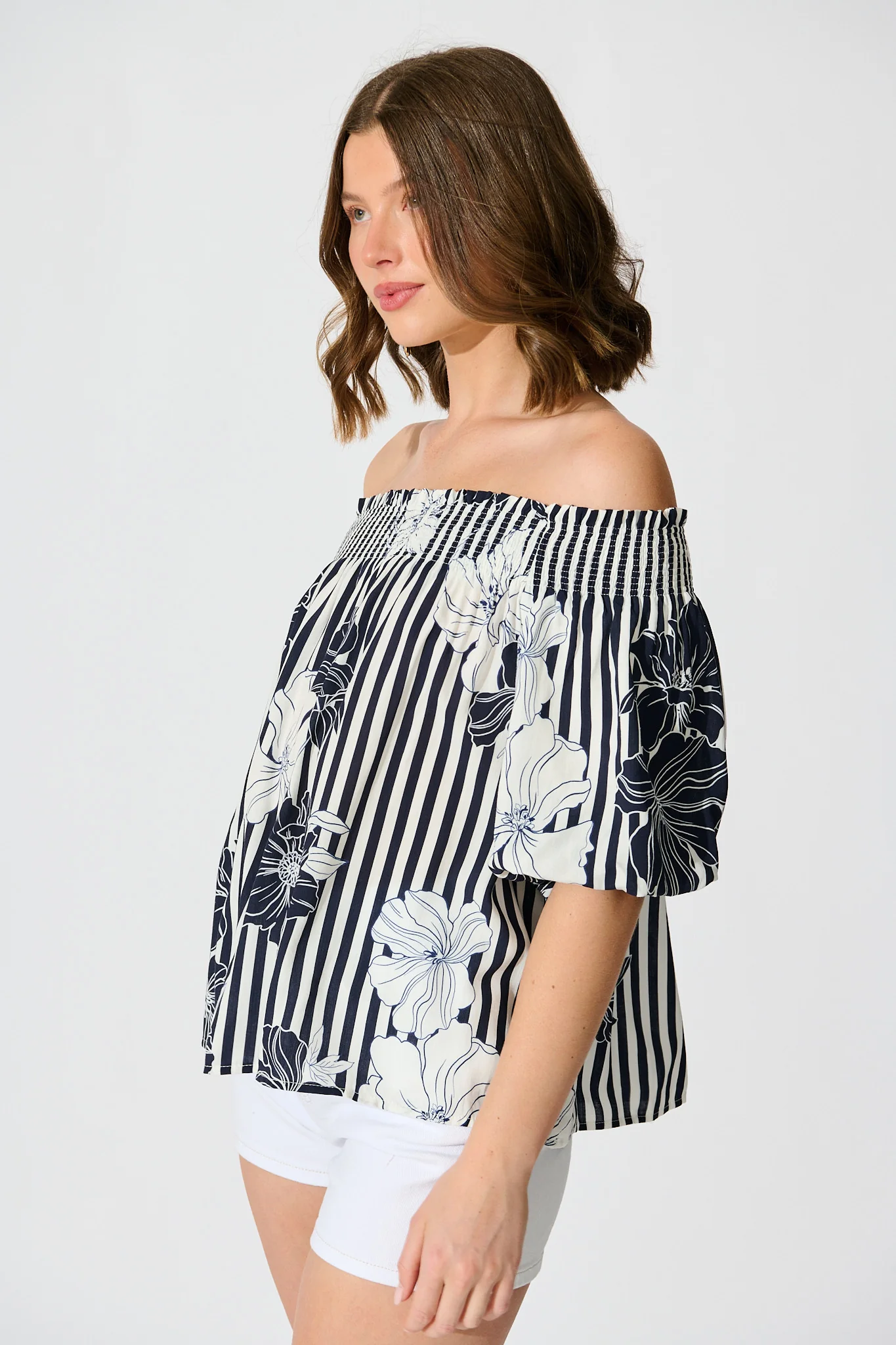 Marina Off Shoulder Top in Navy Stripe Floral - Image 6