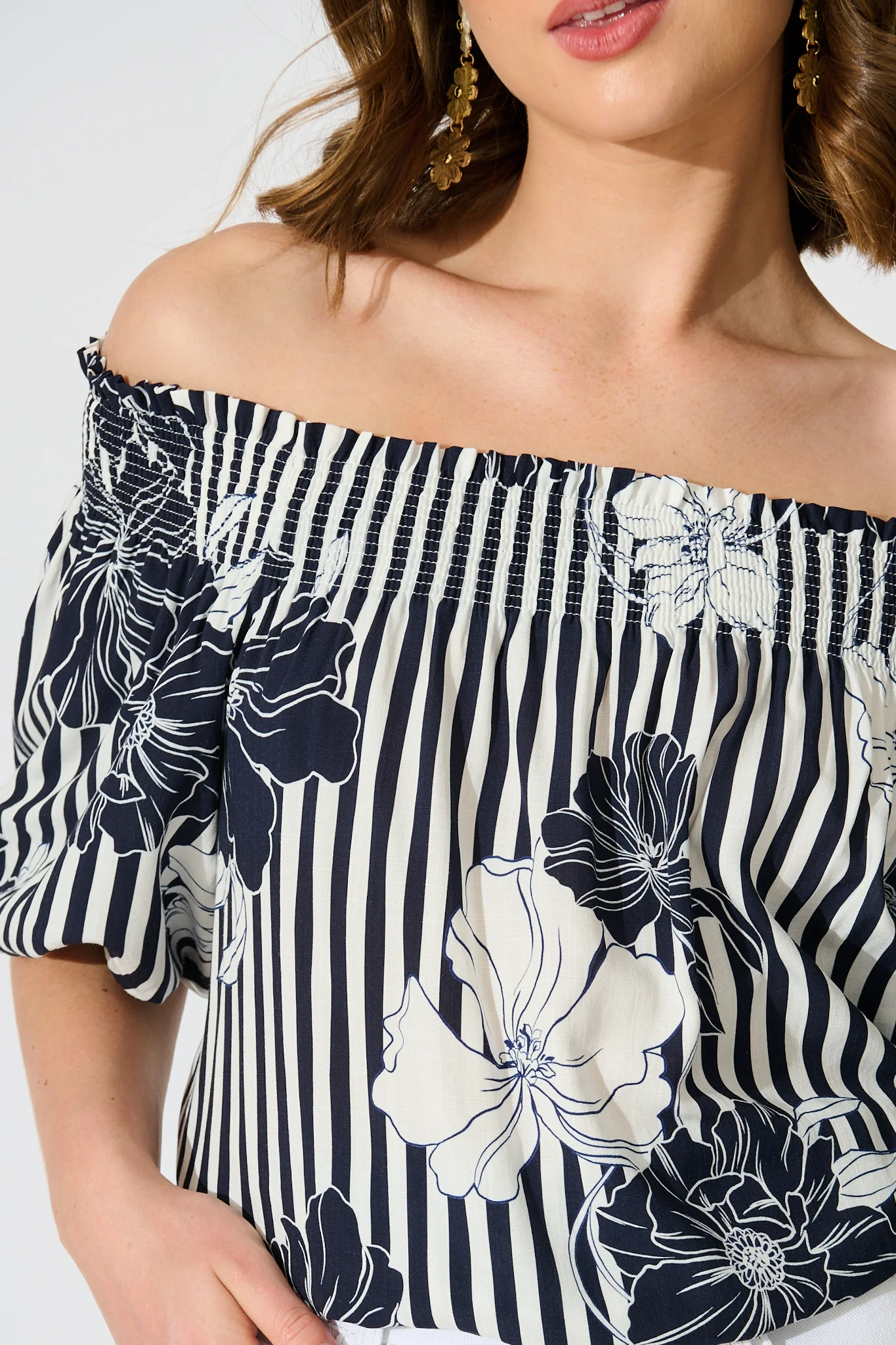 Marina Off Shoulder Top in Navy Stripe Floral - Image 8