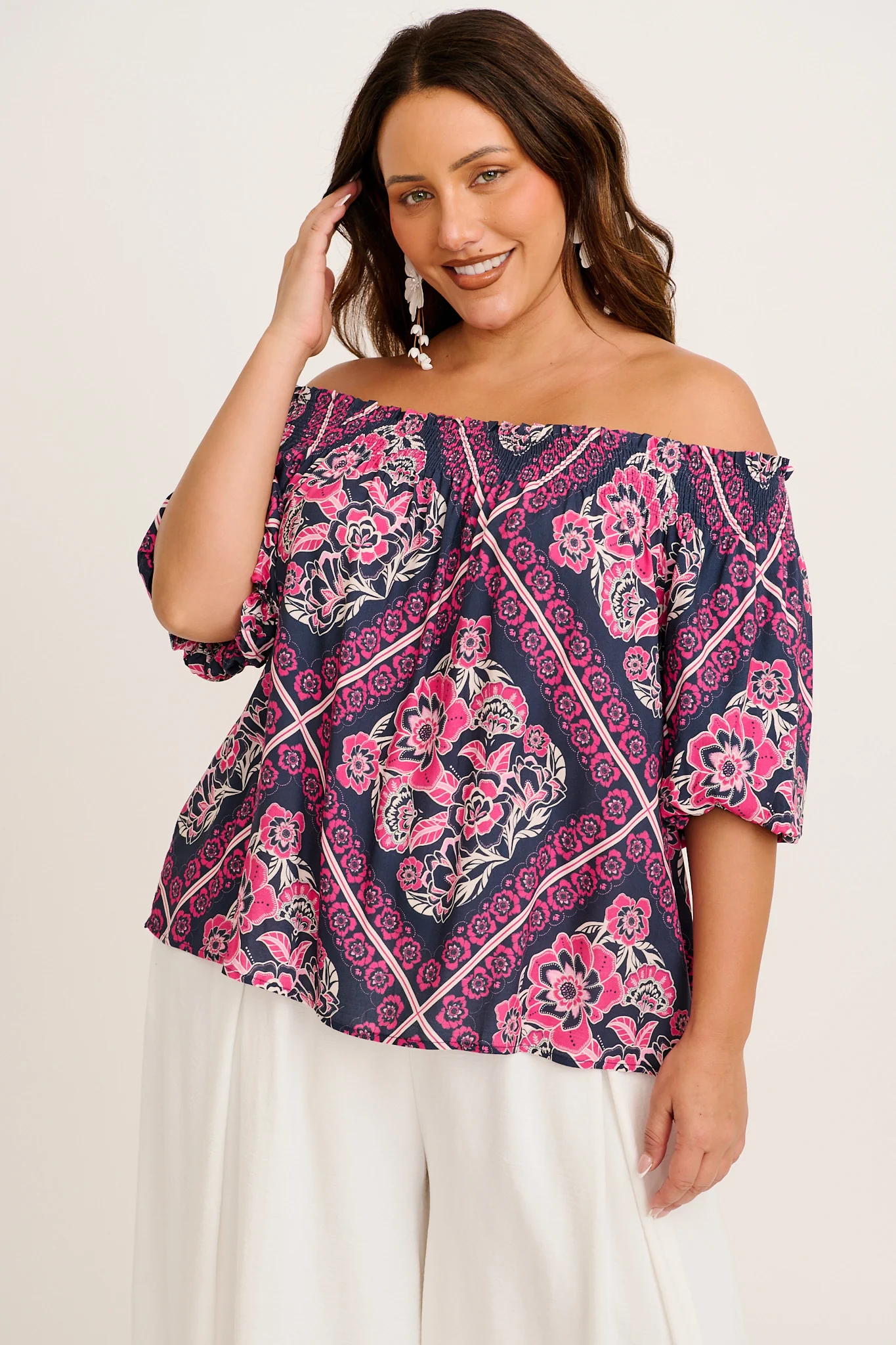Marina Off Shoulder Top in Navy with Pink Floral Tiles Print