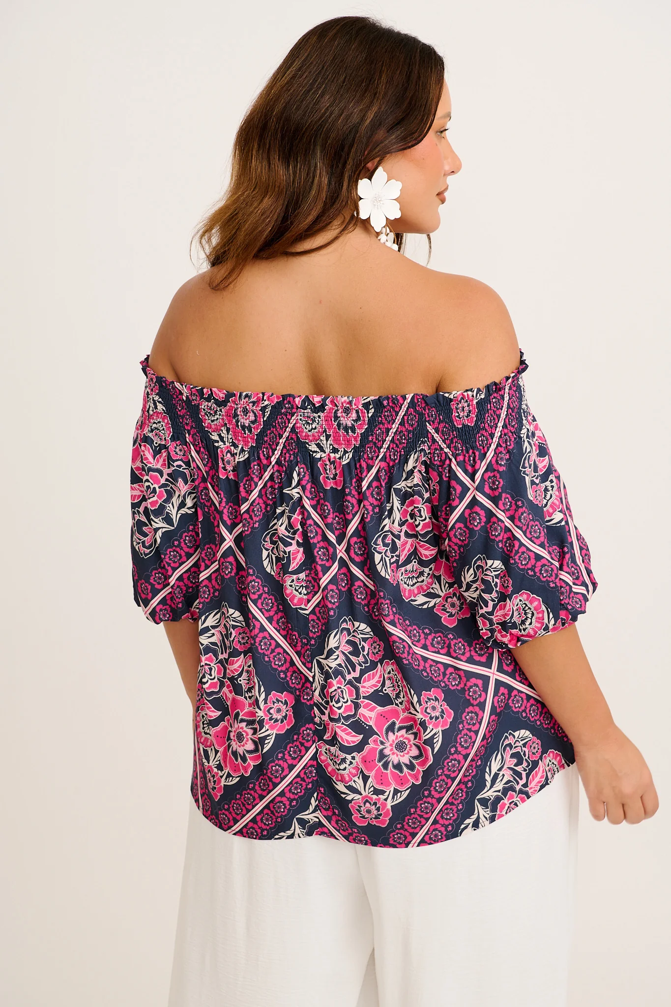 Marina Off Shoulder Top in Navy with Pink Floral Tiles Print - Image 10