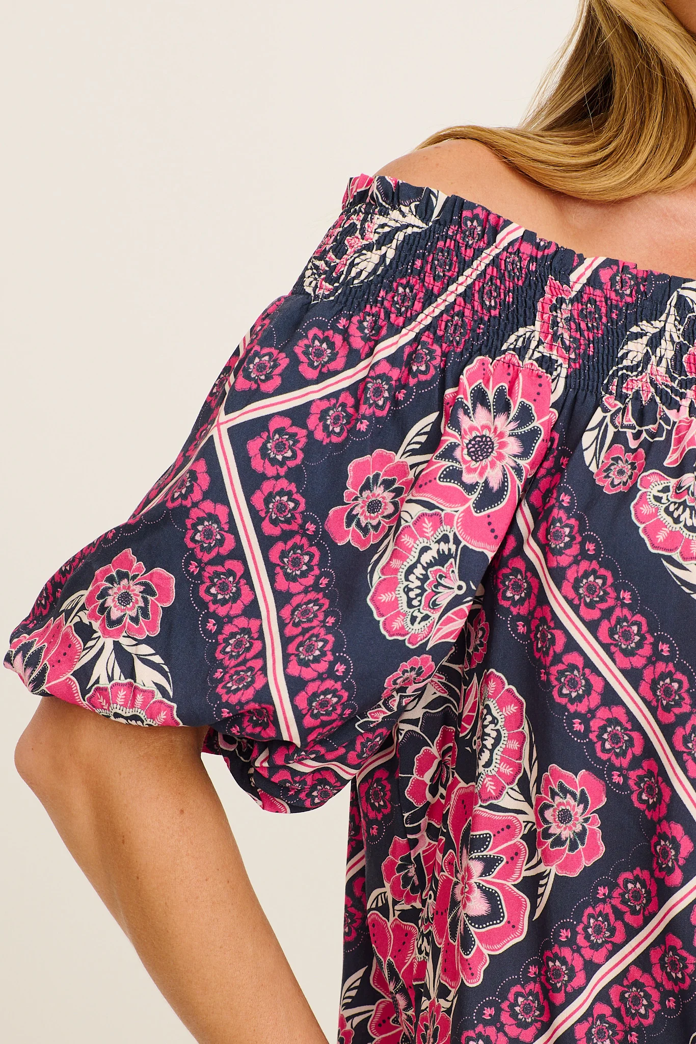 Marina Off Shoulder Top in Navy with Pink Floral Tiles Print - Image 11
