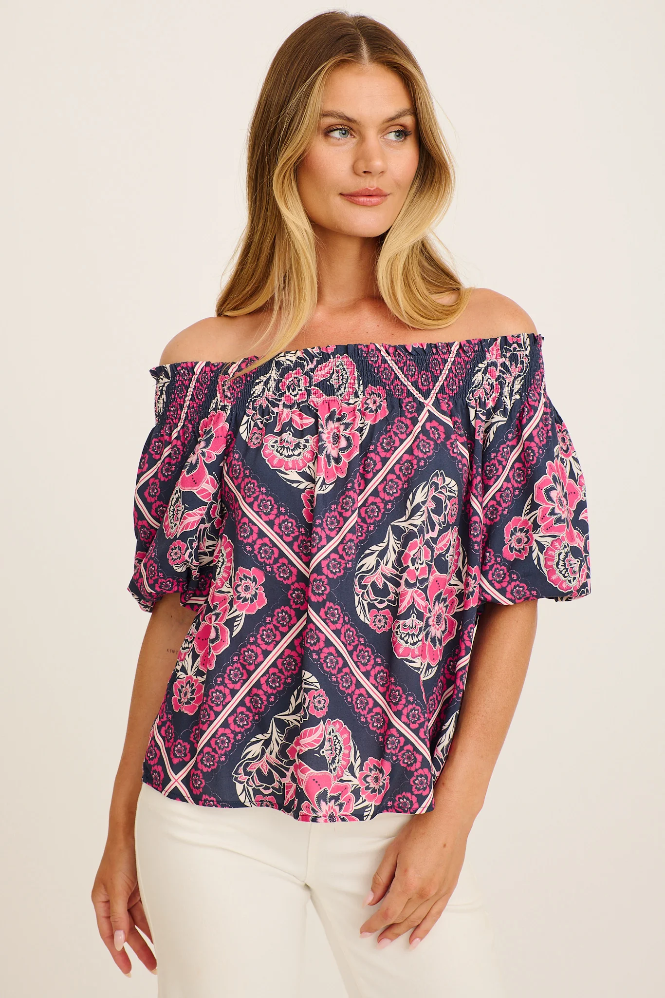 Marina Off Shoulder Top in Navy with Pink Floral Tiles Print - Image 2