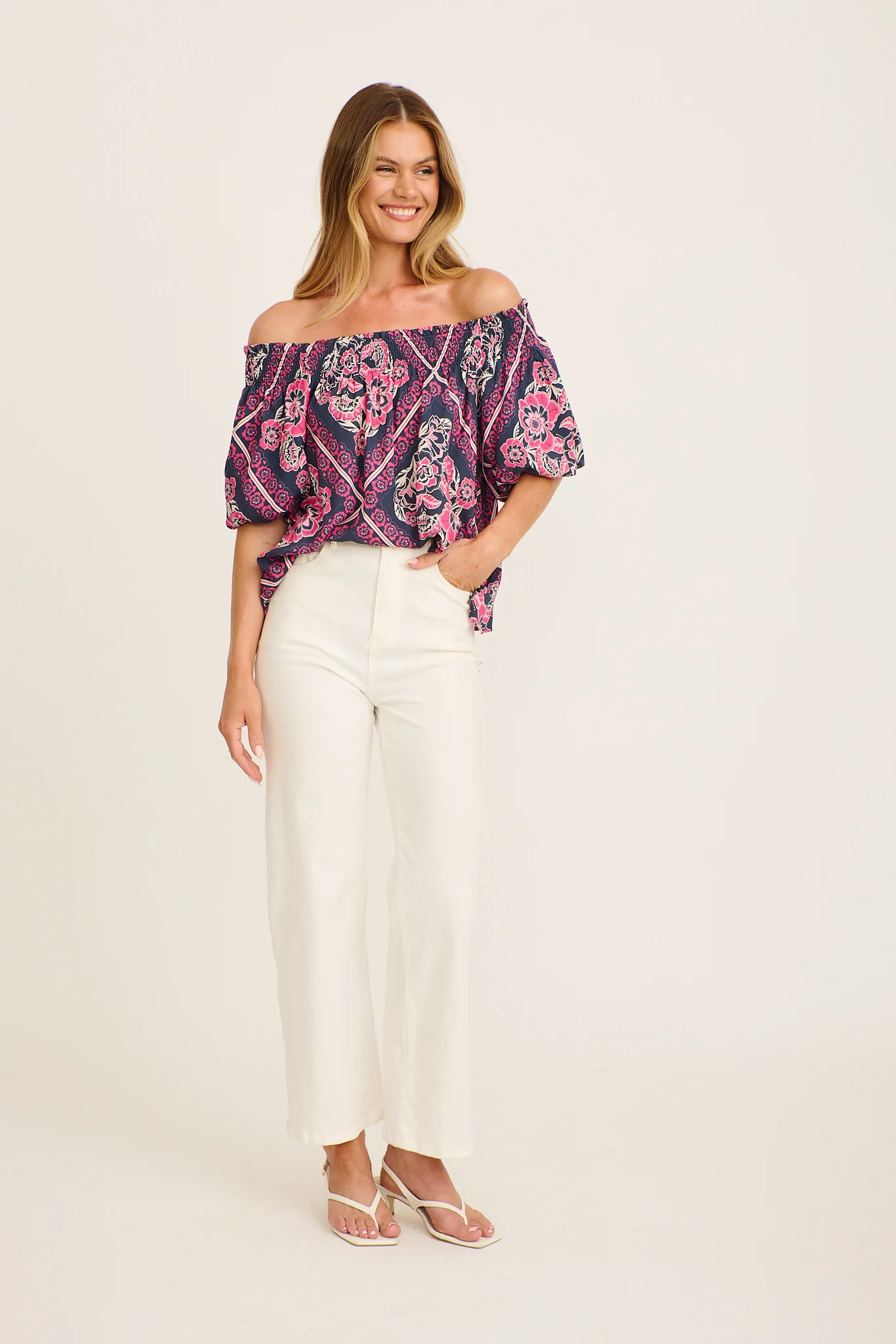 Marina Off Shoulder Top in Navy with Pink Floral Tiles Print - Image 5