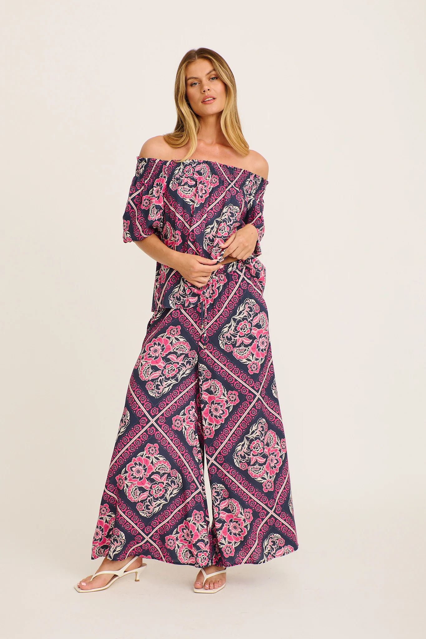 Marina Off Shoulder Top in Navy with Pink Floral Tiles Print - Image 6
