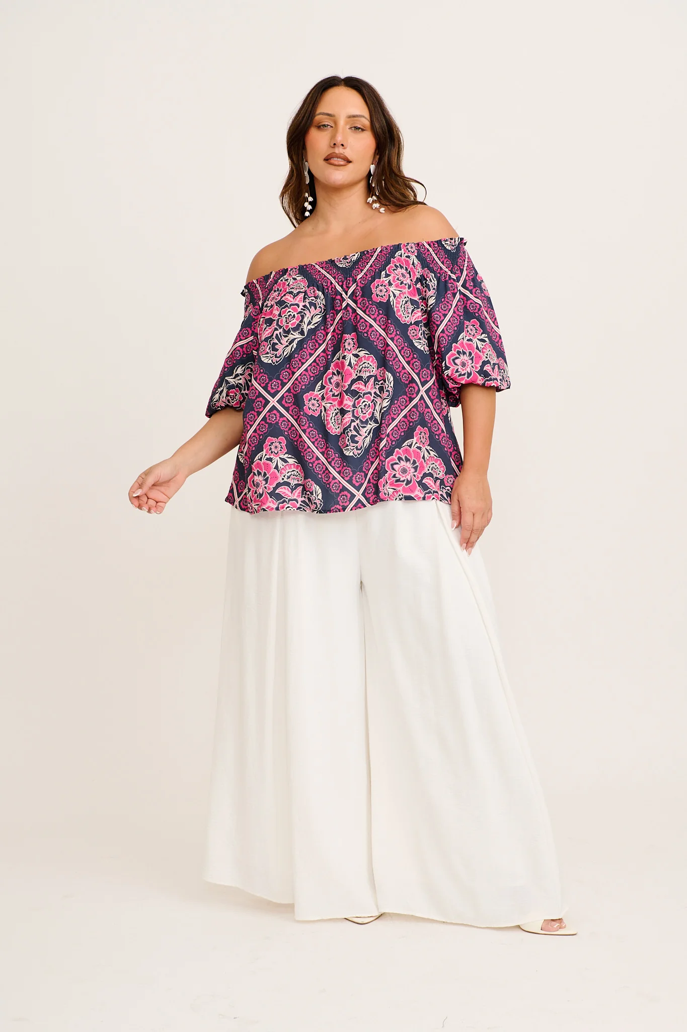 Marina Off Shoulder Top in Navy with Pink Floral Tiles Print - Image 7
