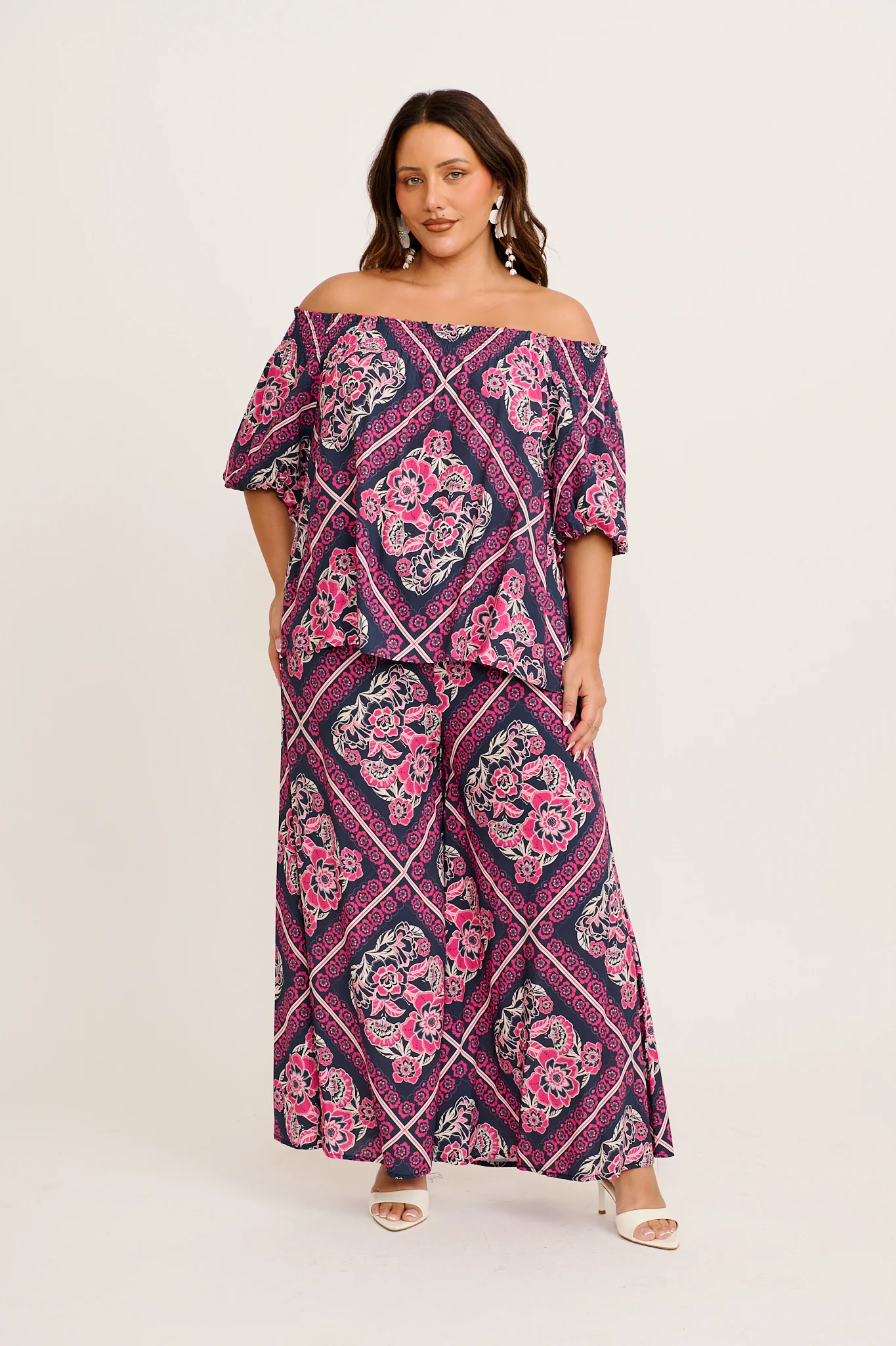 Marina Off Shoulder Top in Navy with Pink Floral Tiles Print - Image 8