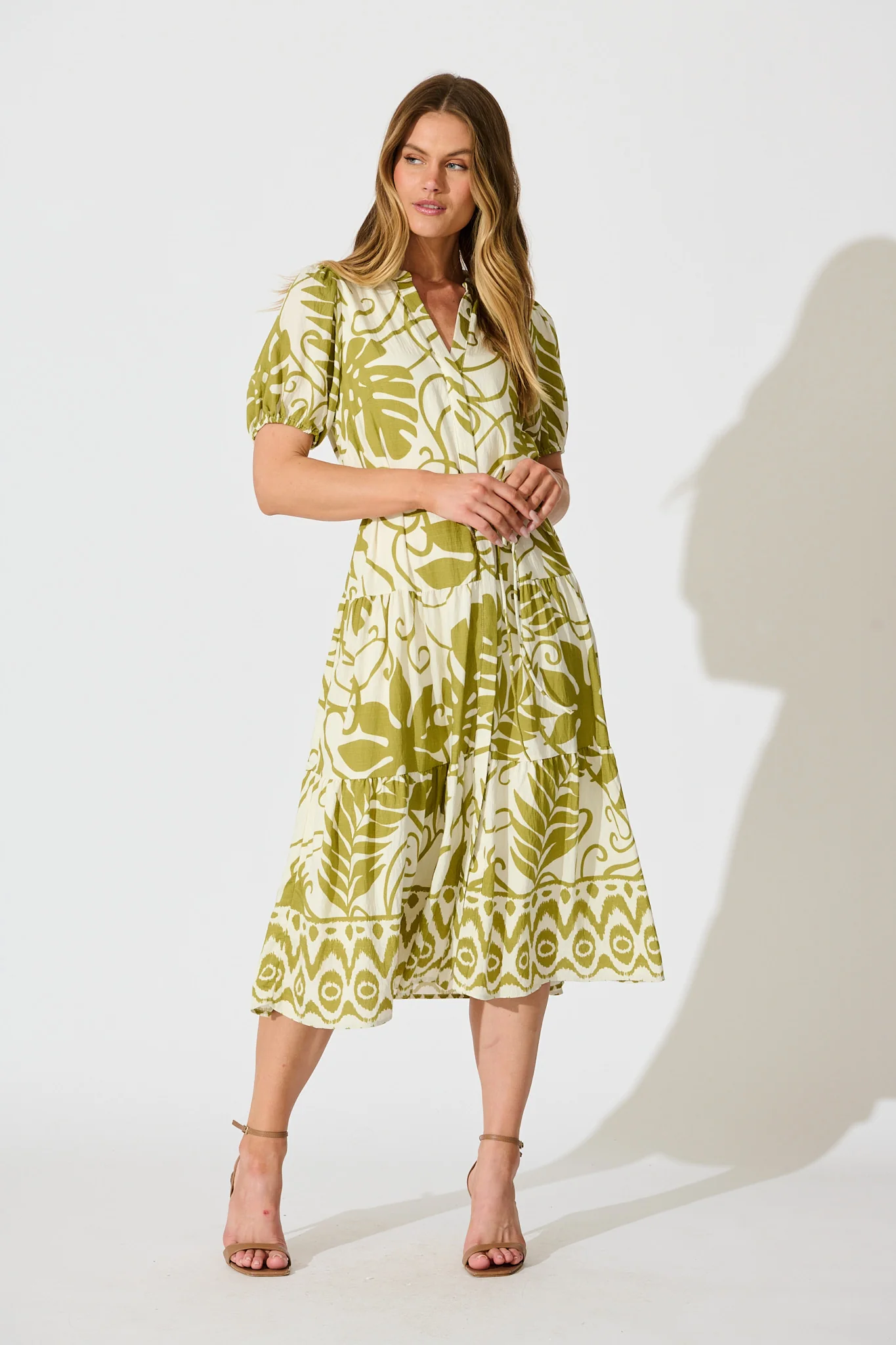 Mariza Midi Dress in Green with Cream Leaf Print