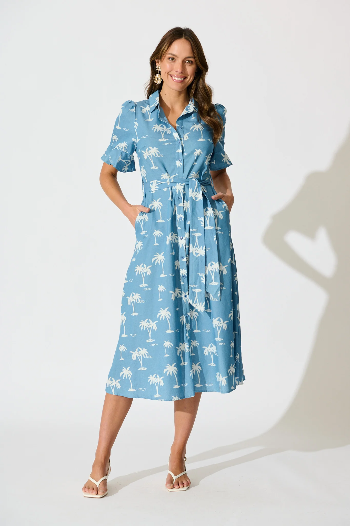 Marlia Midi Shirt Dress in Blue with White Palm Tree