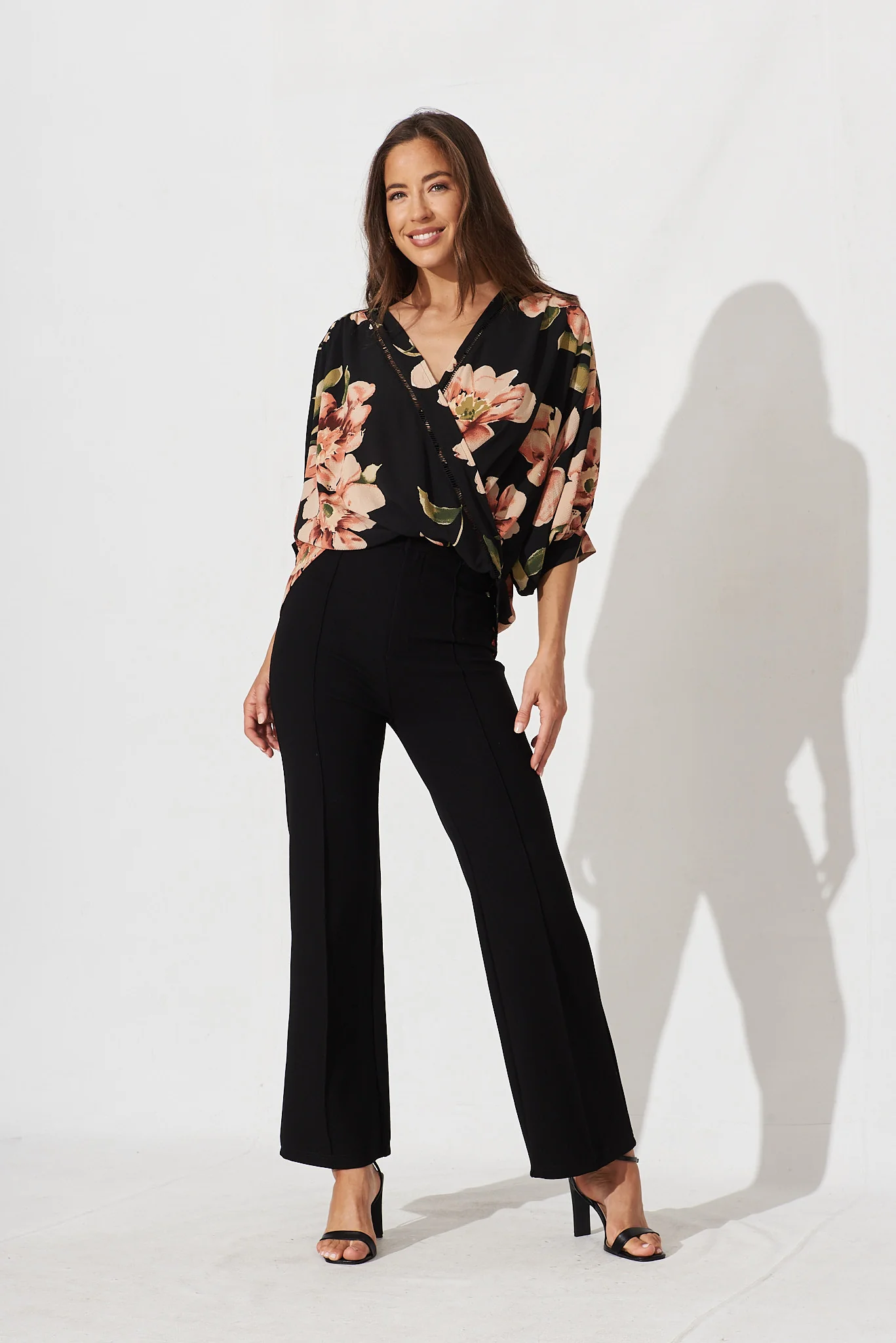 Marliboo Mock Wrap Top In Black With Blush Floral - Image 2
