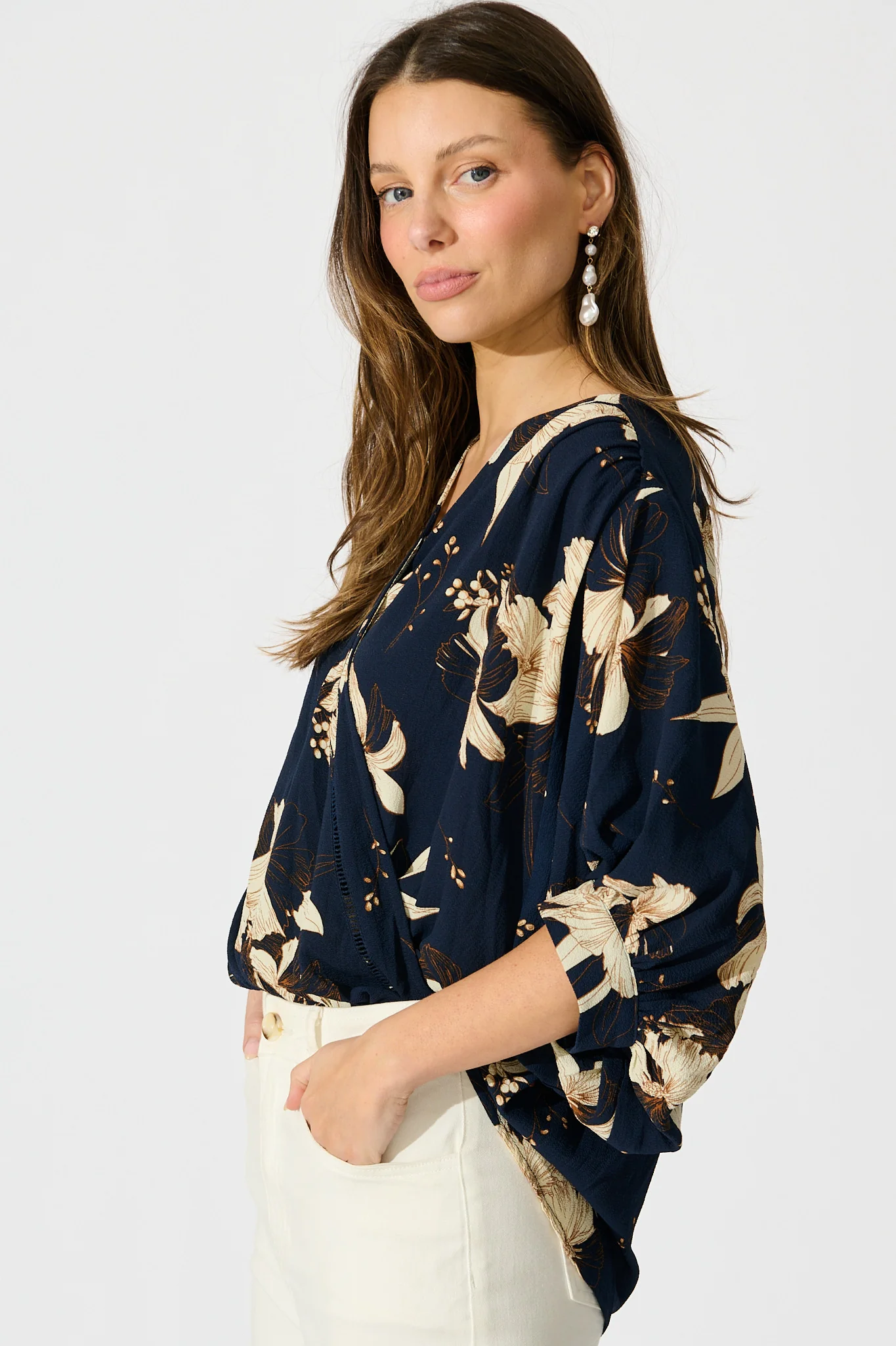 Marliboo Mock Wrap Top in Navy with Cream Floral - Image 2