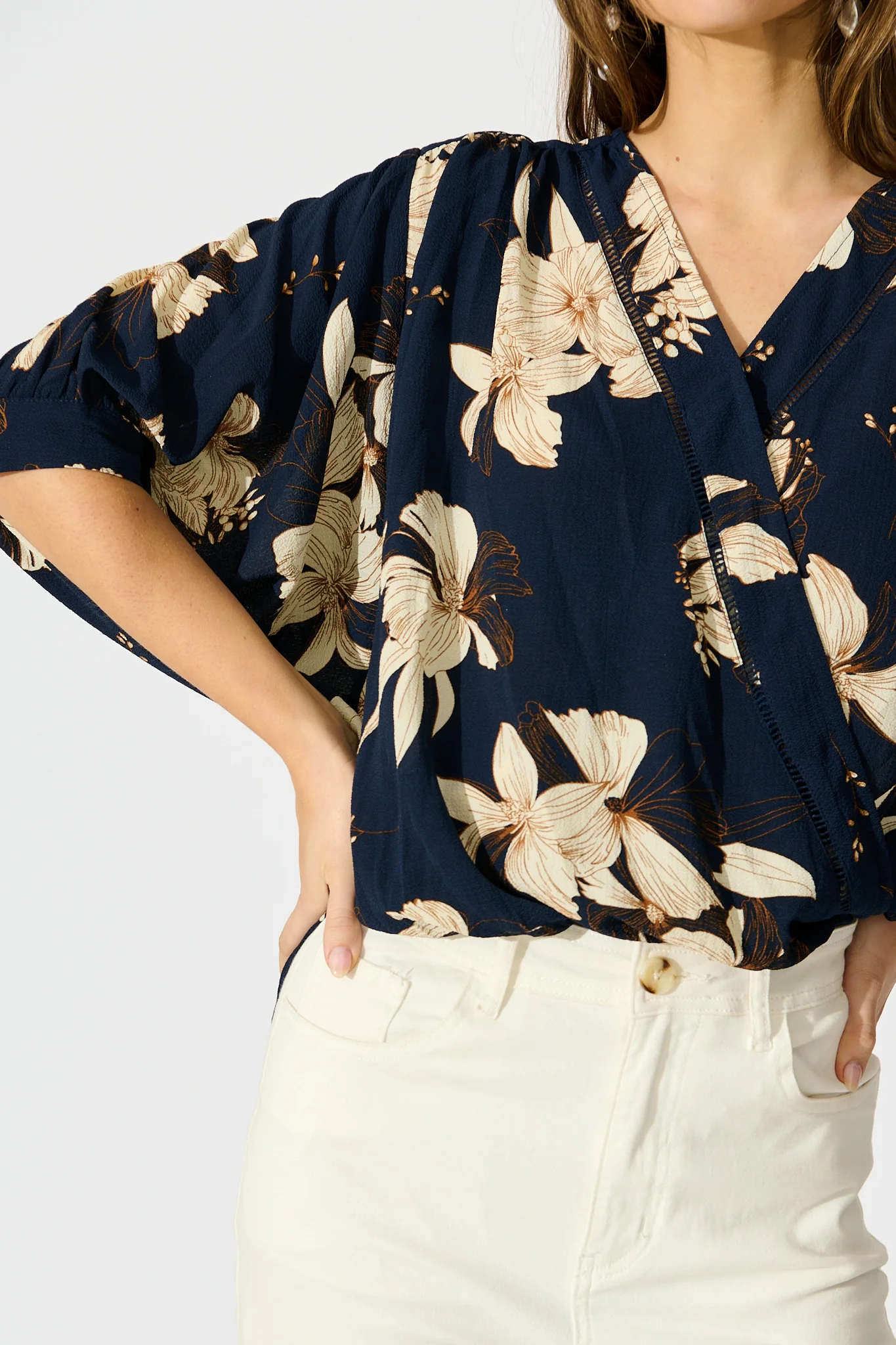Marliboo Mock Wrap Top in Navy with Cream Floral - Image 5