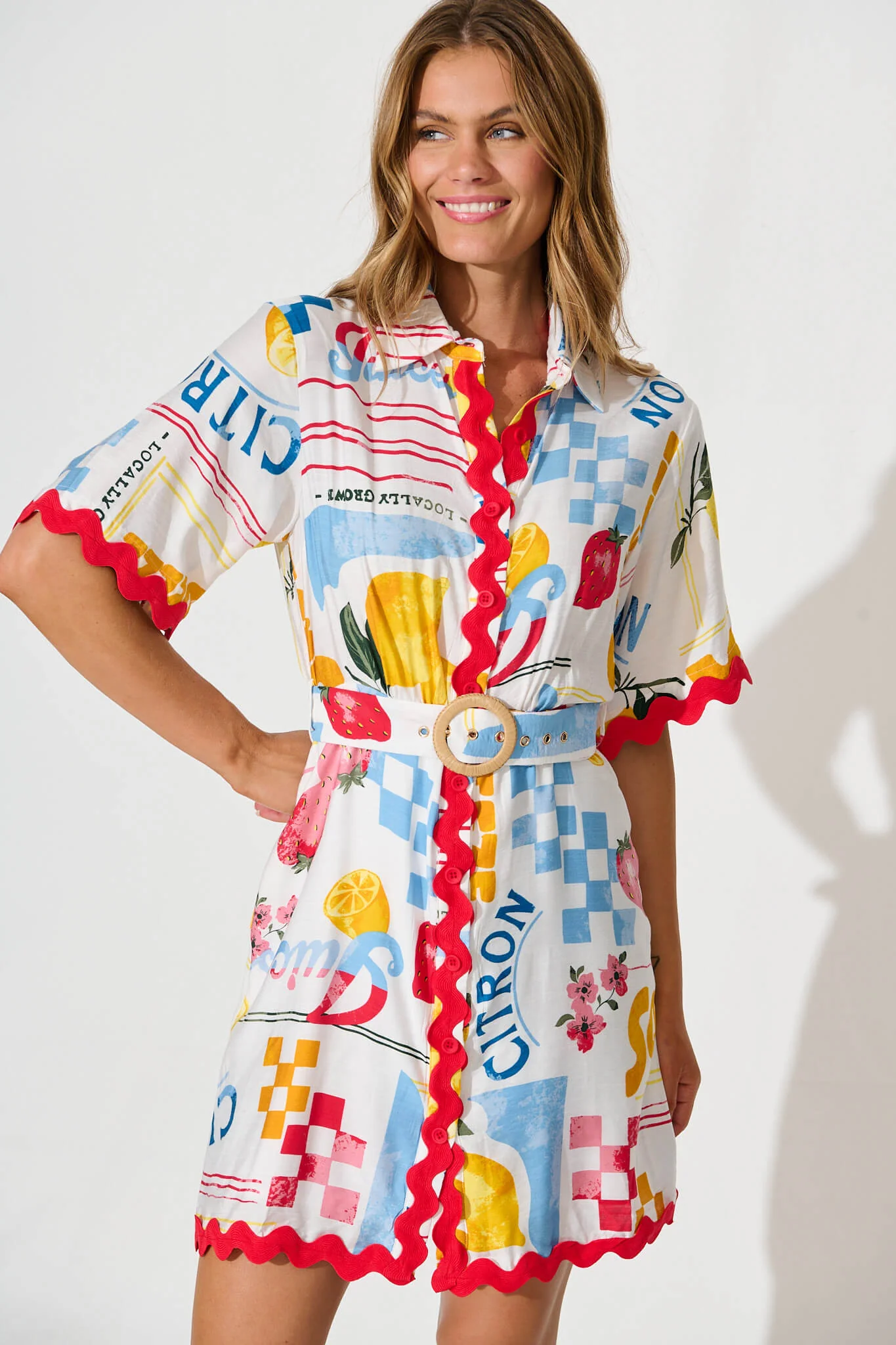 Maroa Shirt Dress in White Lemon Print Ric Rac Trim - Image 2