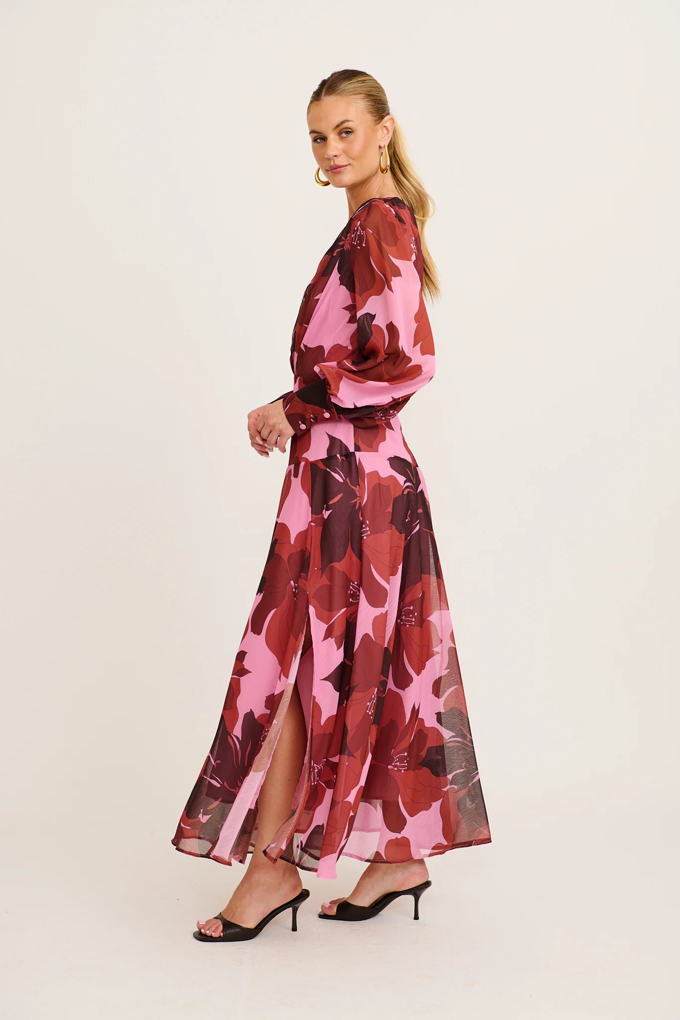 Martina Maxi Dress in Pink and Red Floral Chiffon - Image 3