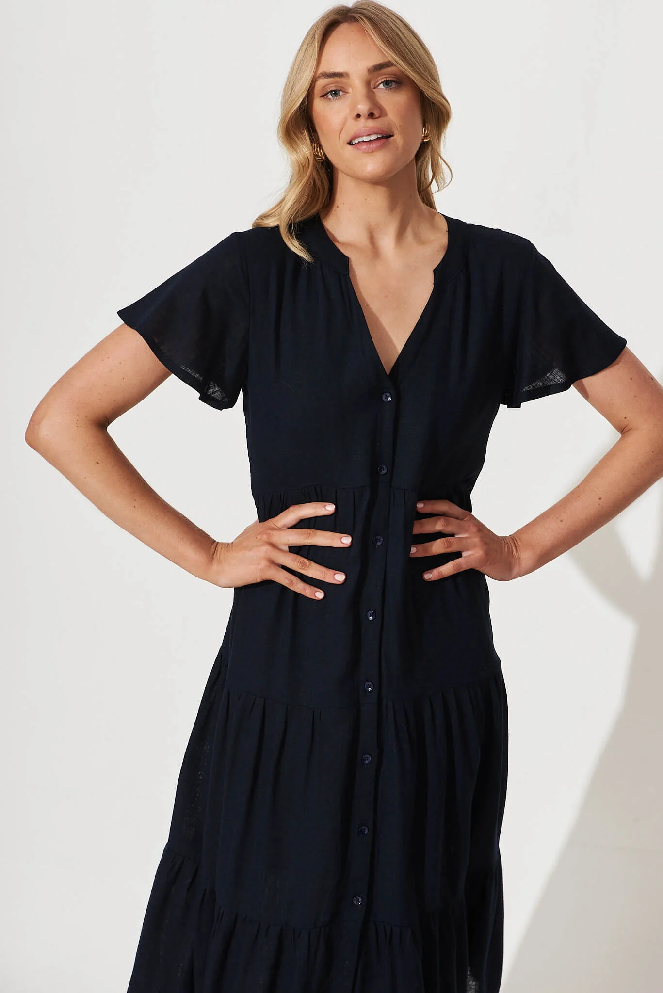 Marvela Midi Shirt Dress In Navy Linen Blend - Image 2