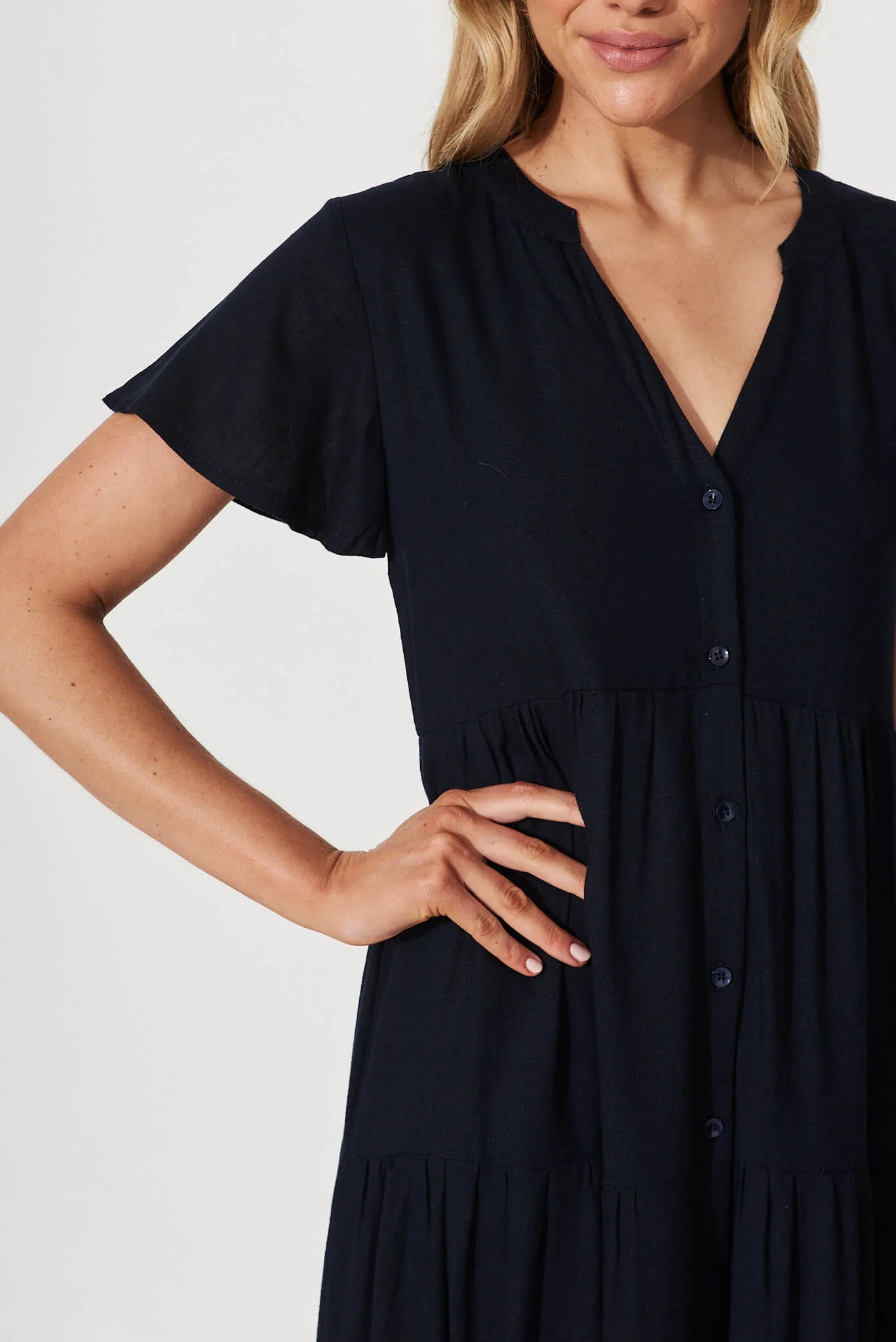 Marvela Midi Shirt Dress In Navy Linen Blend - Image 5