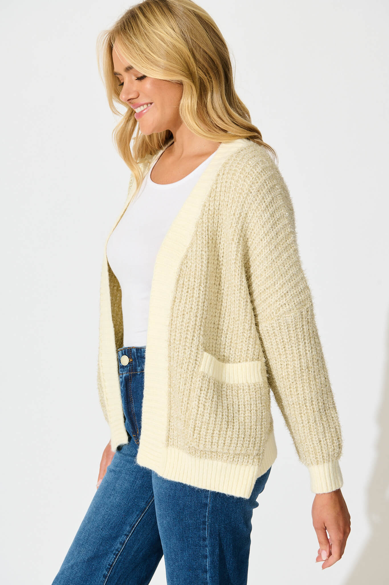Masami Knit Cardigan In Beige Lurex with Contrast Trim - Image 2