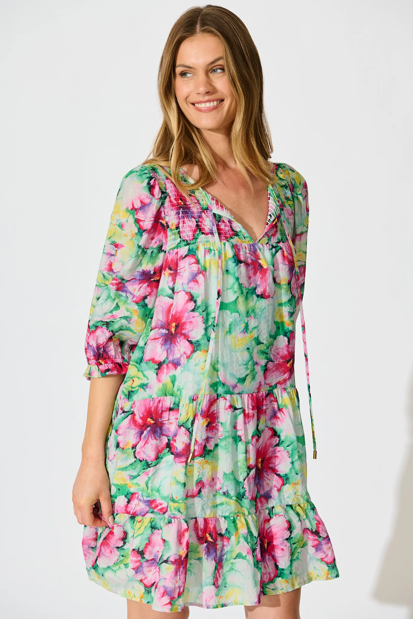 Mattea Smock Dress in Green with Multi Floral - Image 2