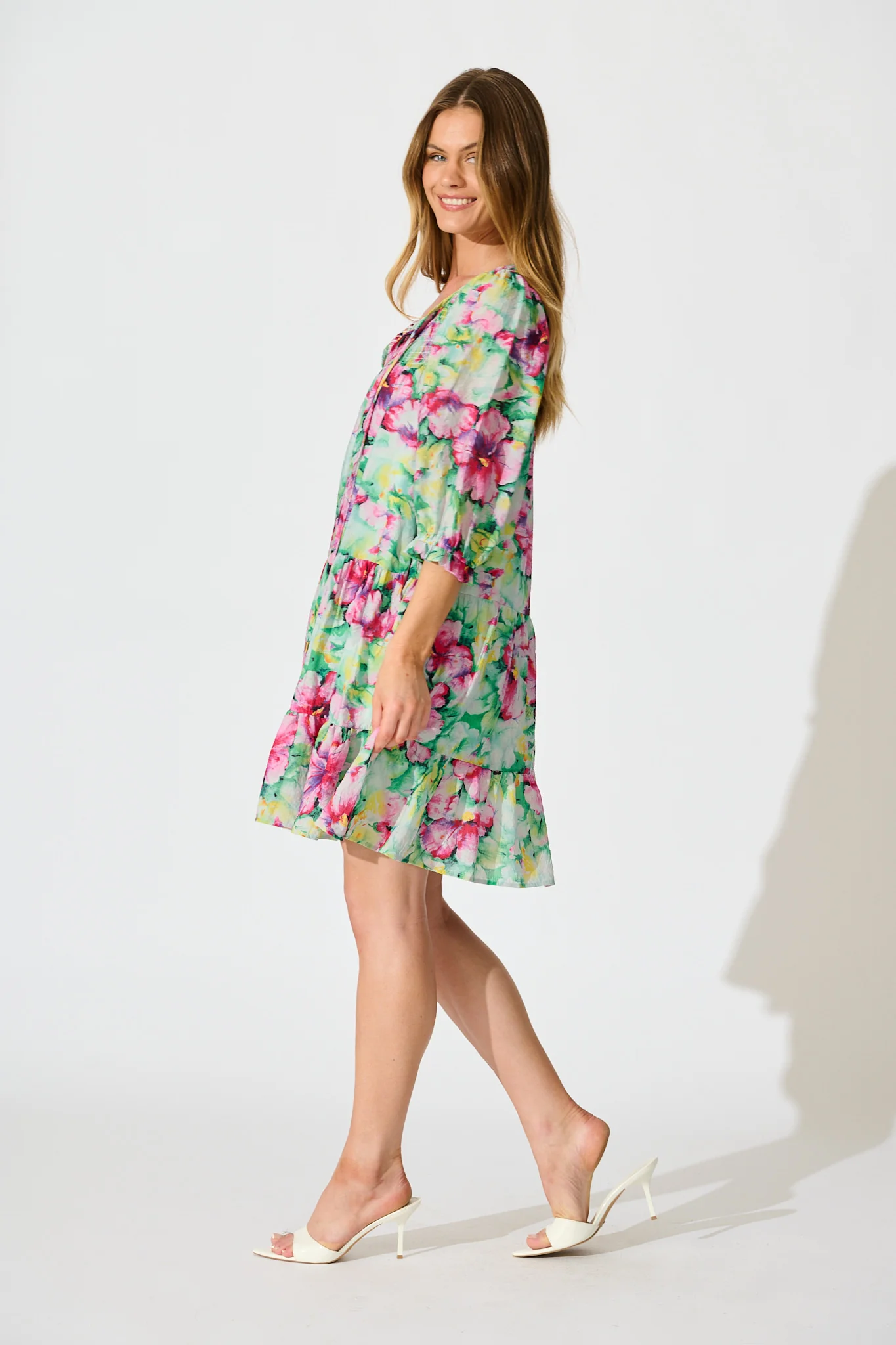Mattea Smock Dress in Green with Multi Floral - Image 3
