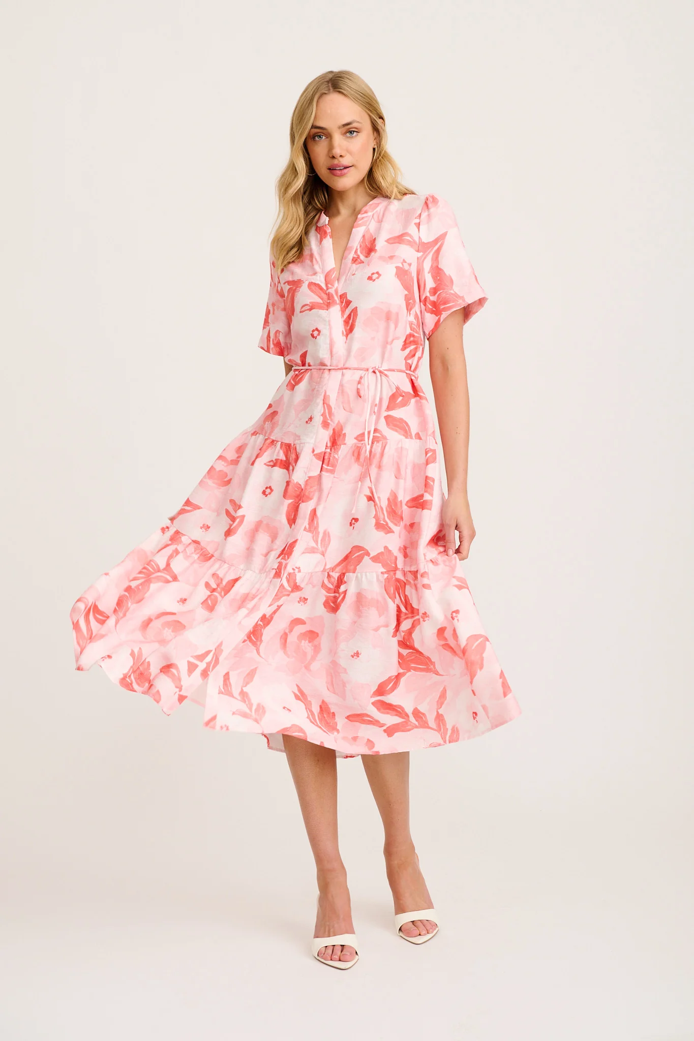 Maura Midi Dress in Multi Pink and Red Leaf Print