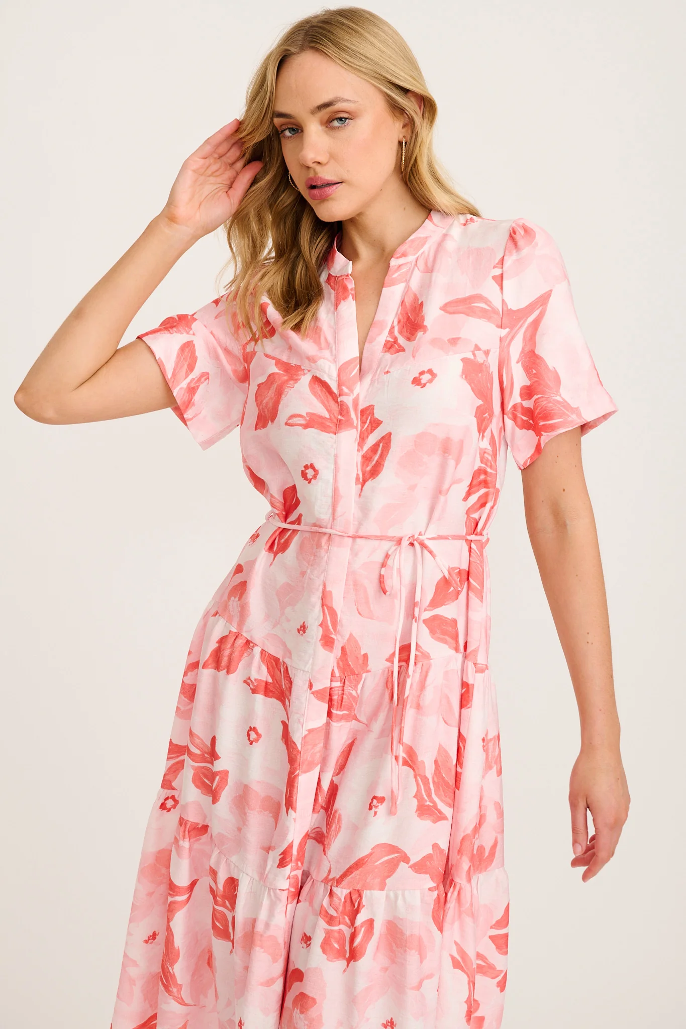 Maura Midi Dress in Multi Pink and Red Leaf Print - Image 2