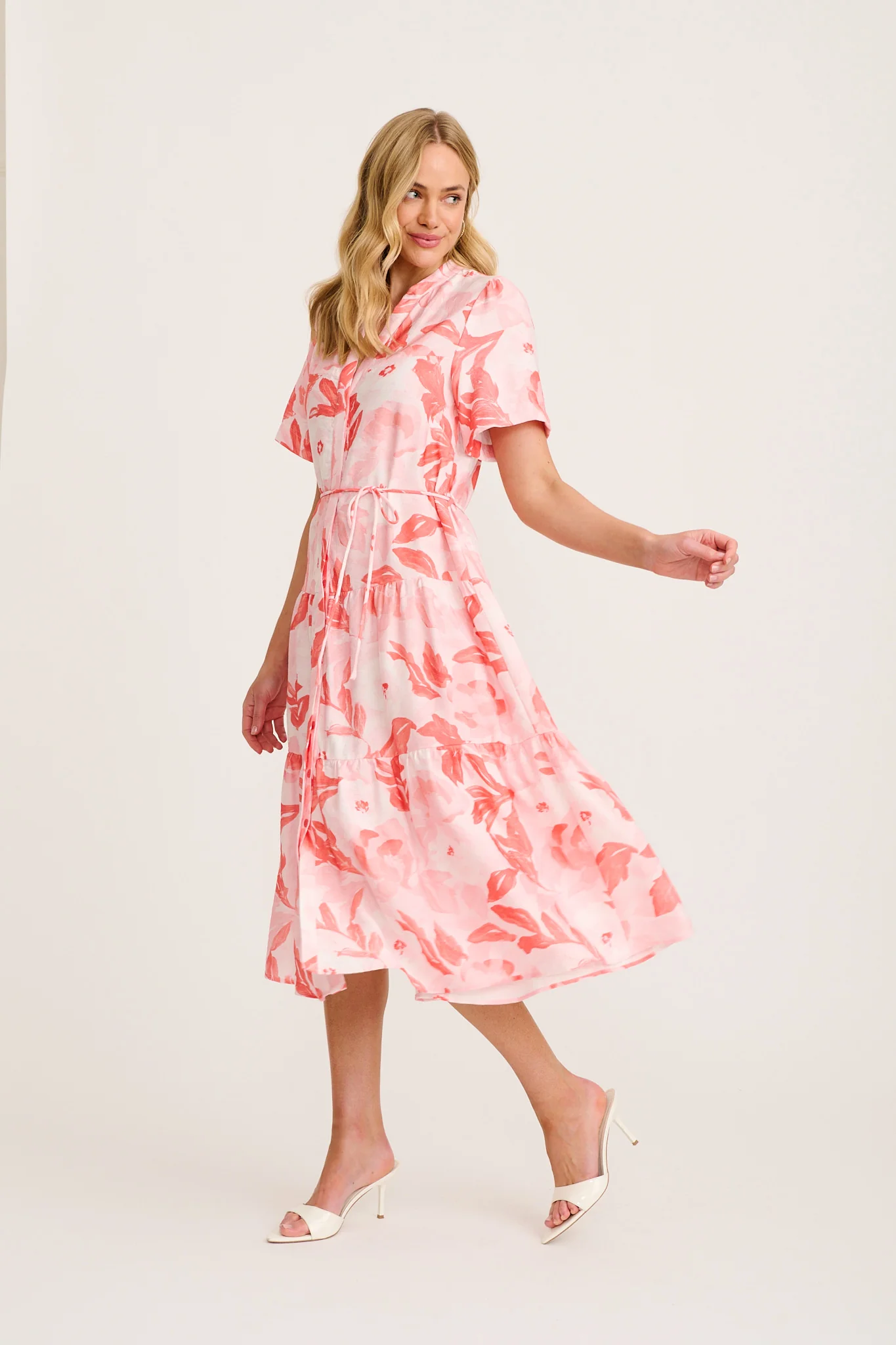 Maura Midi Dress in Multi Pink and Red Leaf Print - Image 3