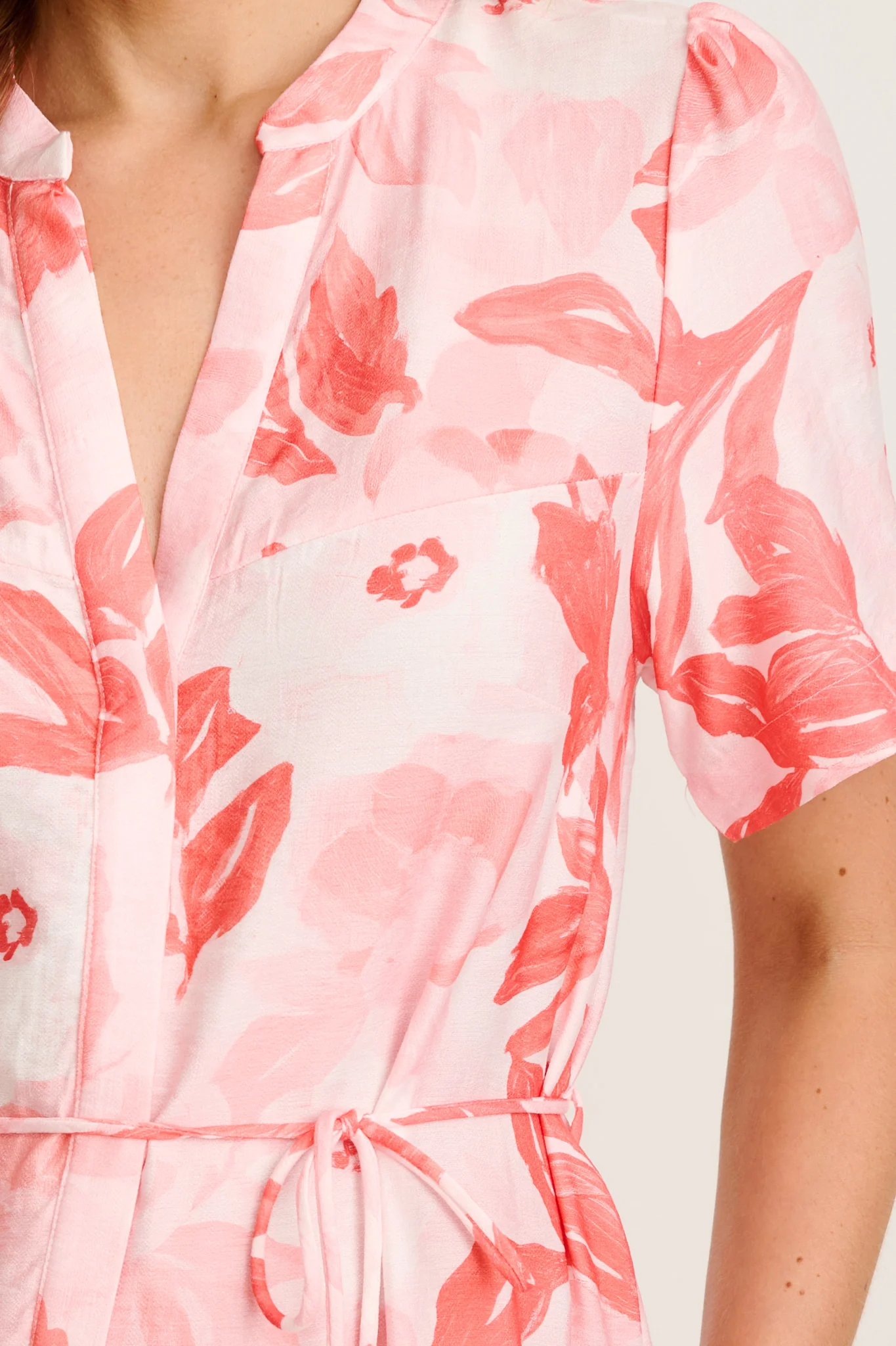 Maura Midi Dress in Multi Pink and Red Leaf Print - Image 5